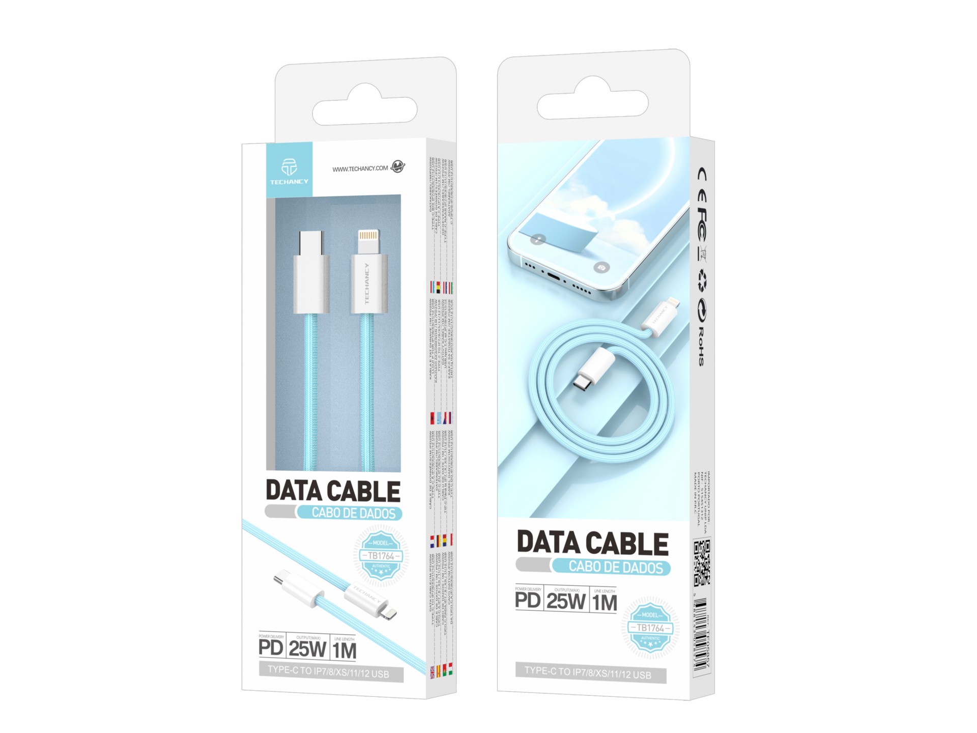 Cable de datos Techancy PD-iPXS/11-14 de 25 W, TB1764, 1 m, azul