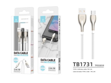 Cabo de dados metálico USB tipo C Techancy, TB1765, 1 m, 2,4 A, cinzento Cabo de dados metálico USB tipo C Techancy, TB1765, 1 m, 2,4 A, cinzento