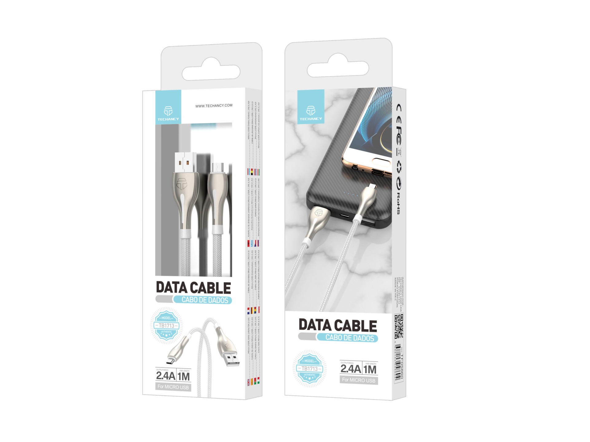 Cable de datos USB-Micro de Metal Techancy, TB1765, 1 m, 2,4 A, gris