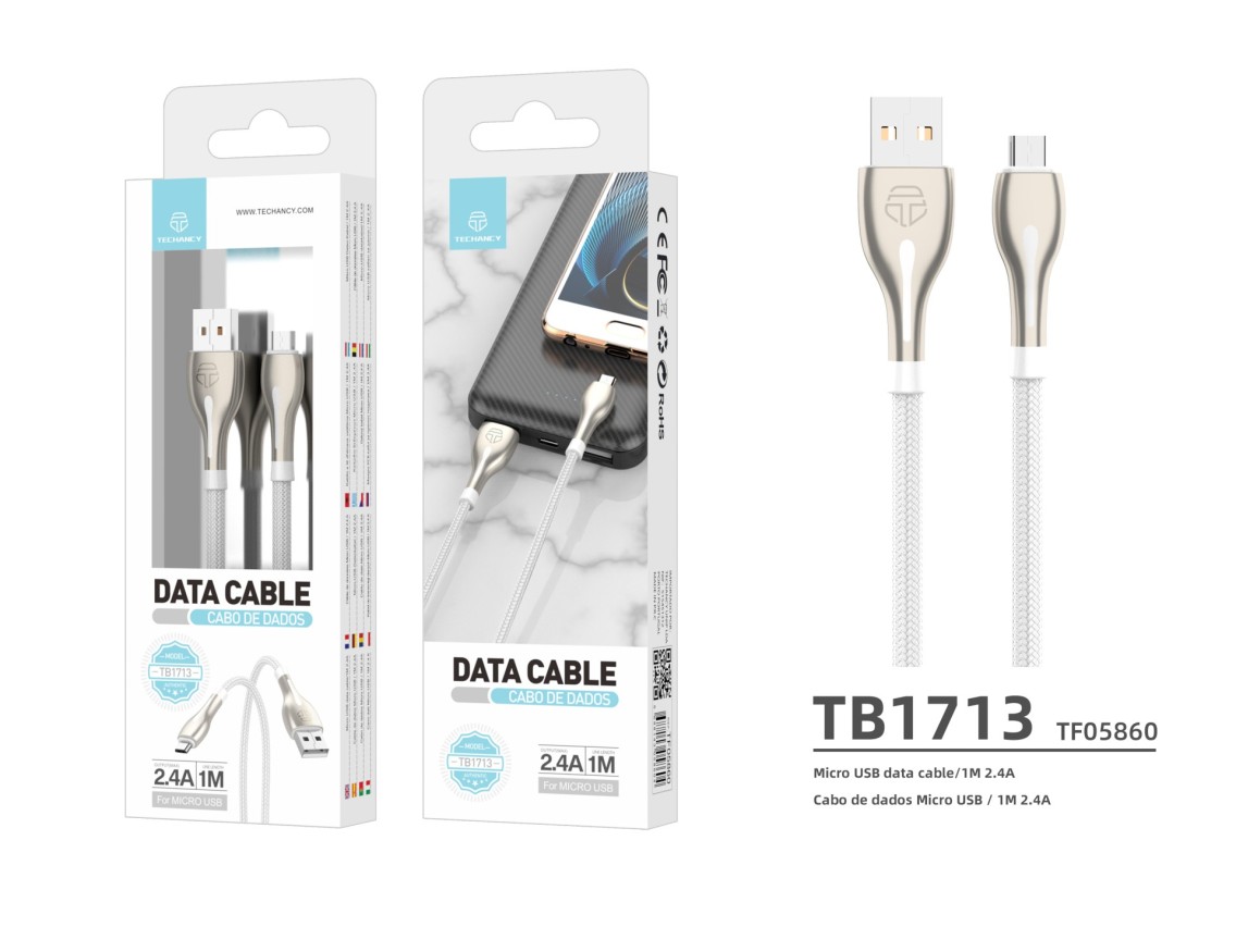 Cable de datos USB-Micro de Metal Techancy, TB1765, 1 m, 2,4 A, gris