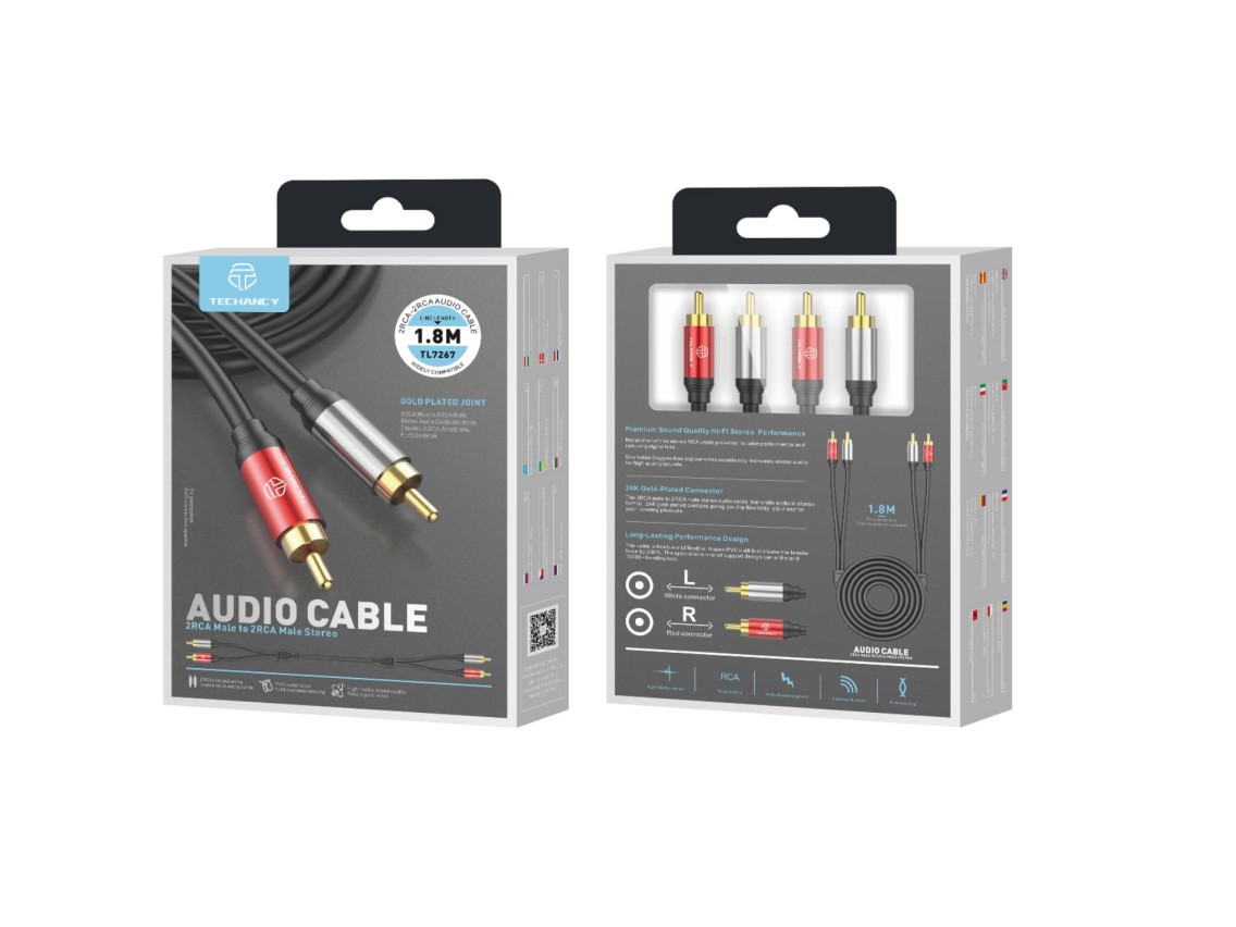 Cabo de áudio Techancy 2RCA para 2RCA 1,8 m, TL7267, preto