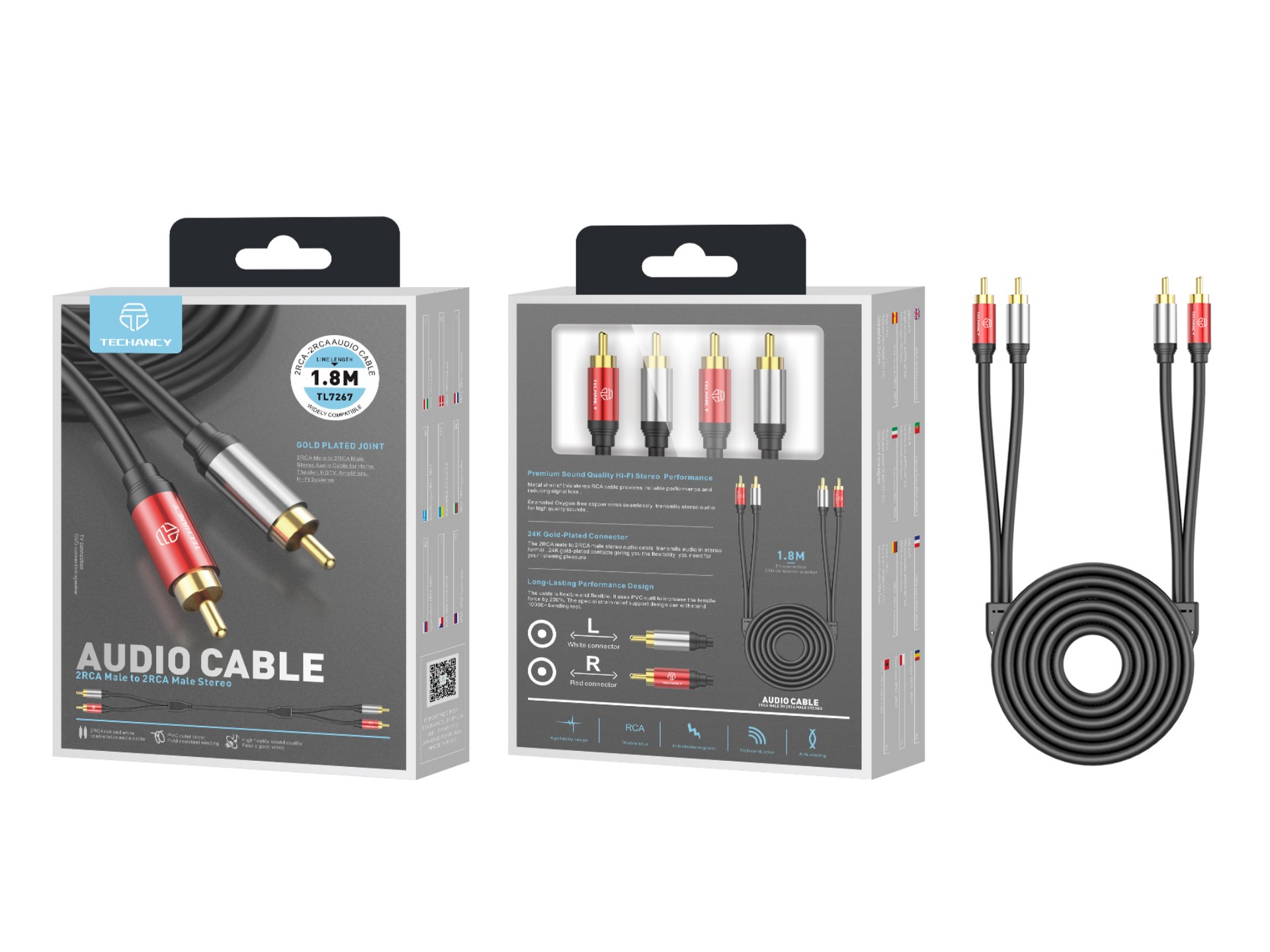 Techancy 2RCA to 2RCA Audio Cable 1.8m, TL7267, Black