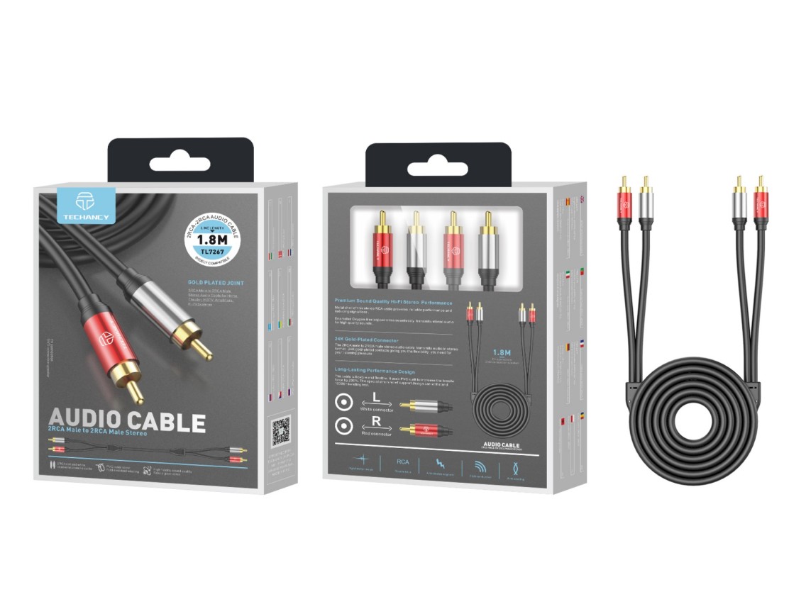 Cabo de áudio Techancy 2RCA para 2RCA 1,8 m, TL7267, preto