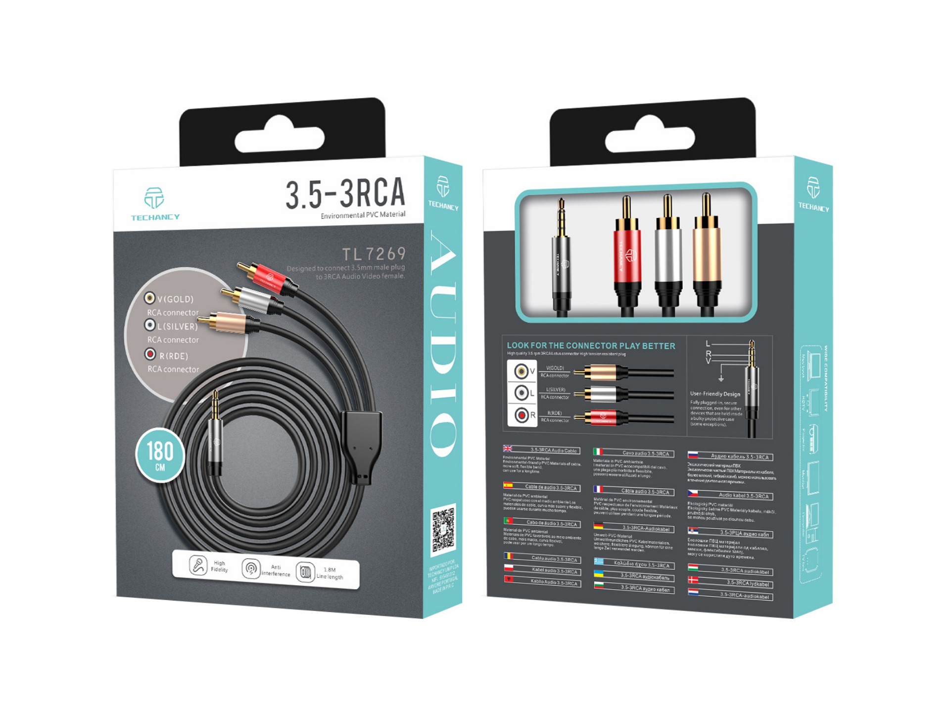 Cabo de áudio Techancy de 3,5 mm para 3RCA, 1,8 m, TL7269, preto