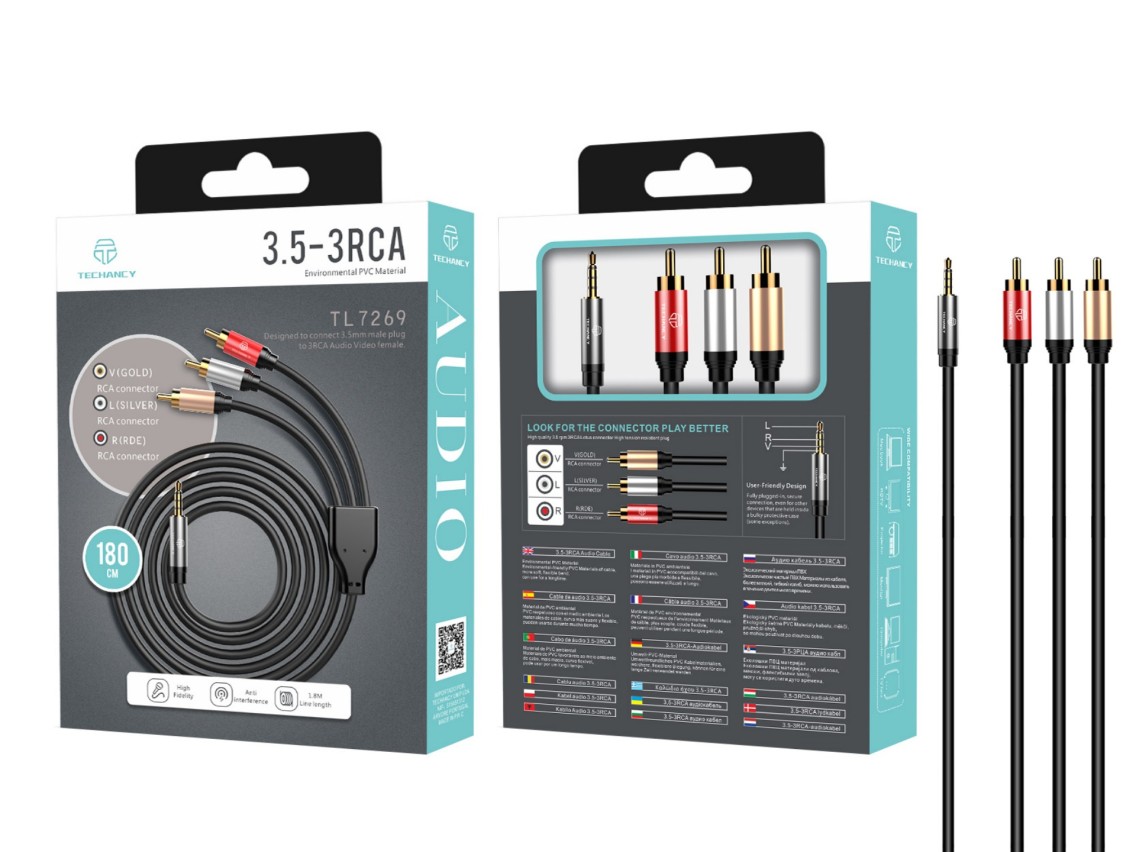 Cabo de áudio Techancy de 3,5 mm para 3RCA, 1,8 m, TL7269, preto