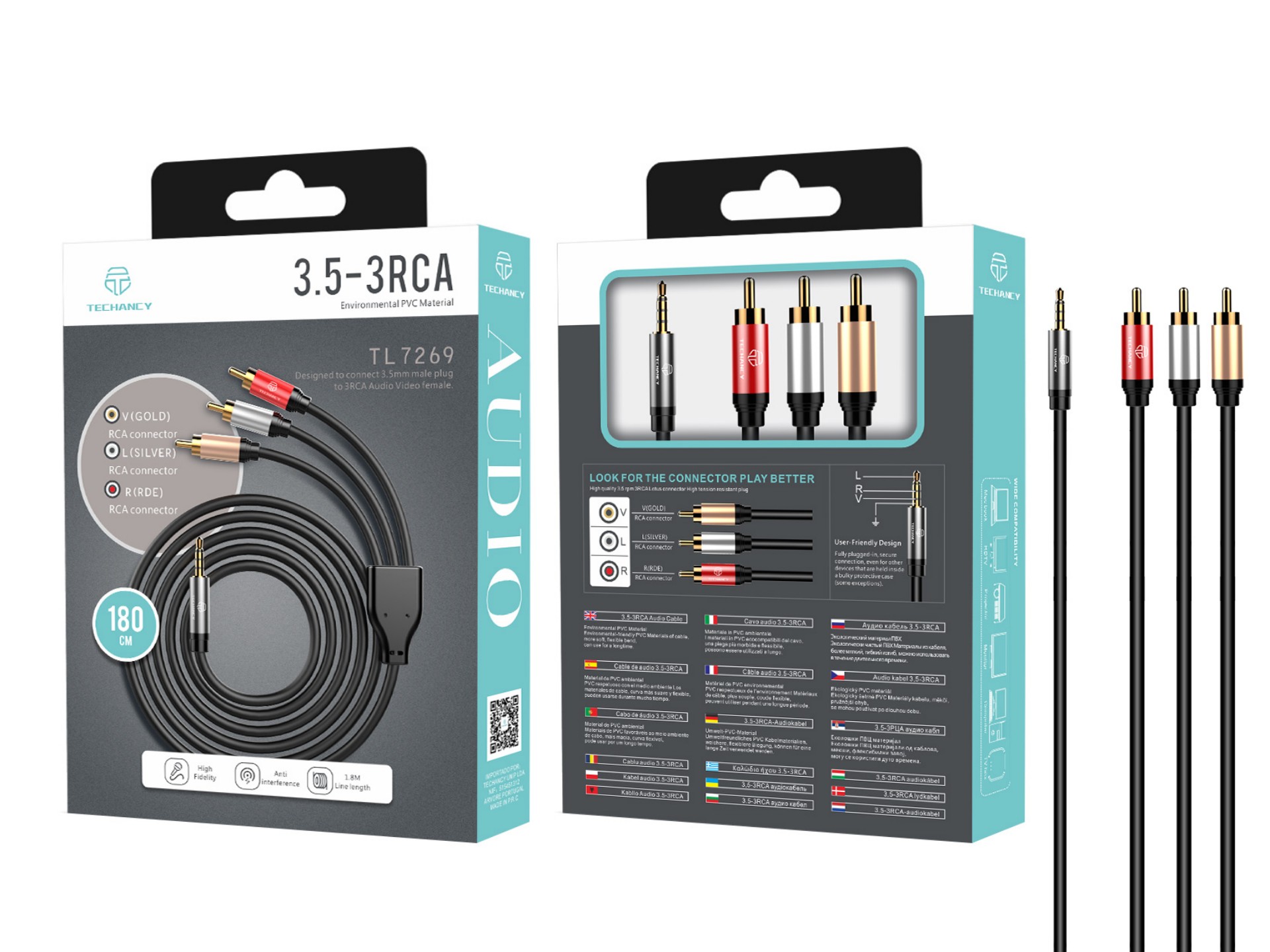 Cabo de áudio Techancy de 3,5 mm para 3RCA, 1,8 m, TL7269, preto