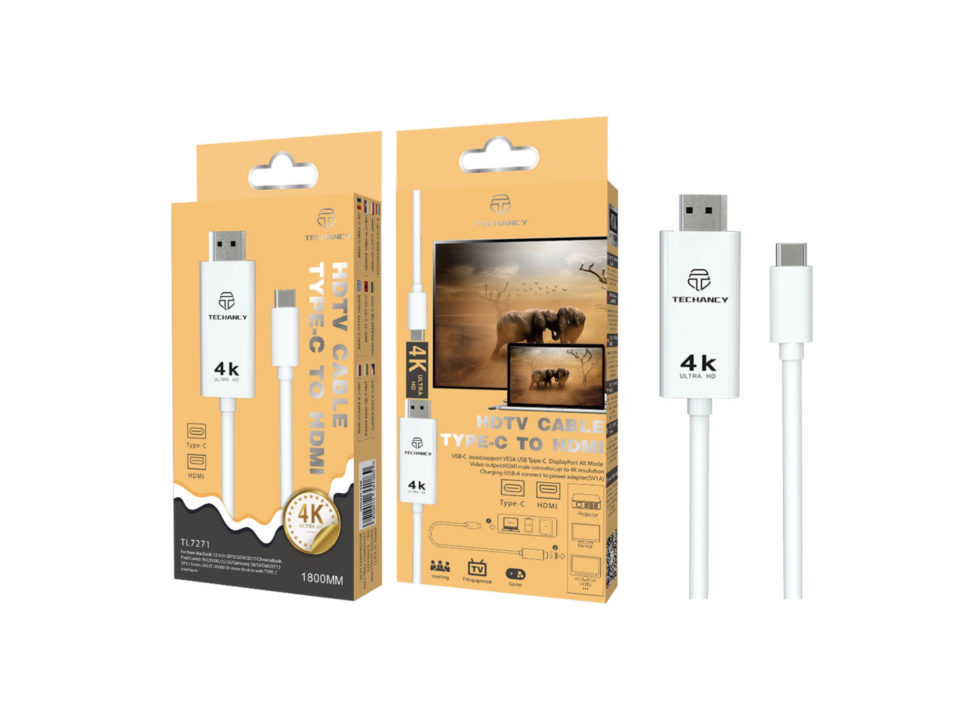 Techancy Type-C Cable for Mobile HDTV Screen Mirroring, TL7271, 1.8m, 4K*2K, Black