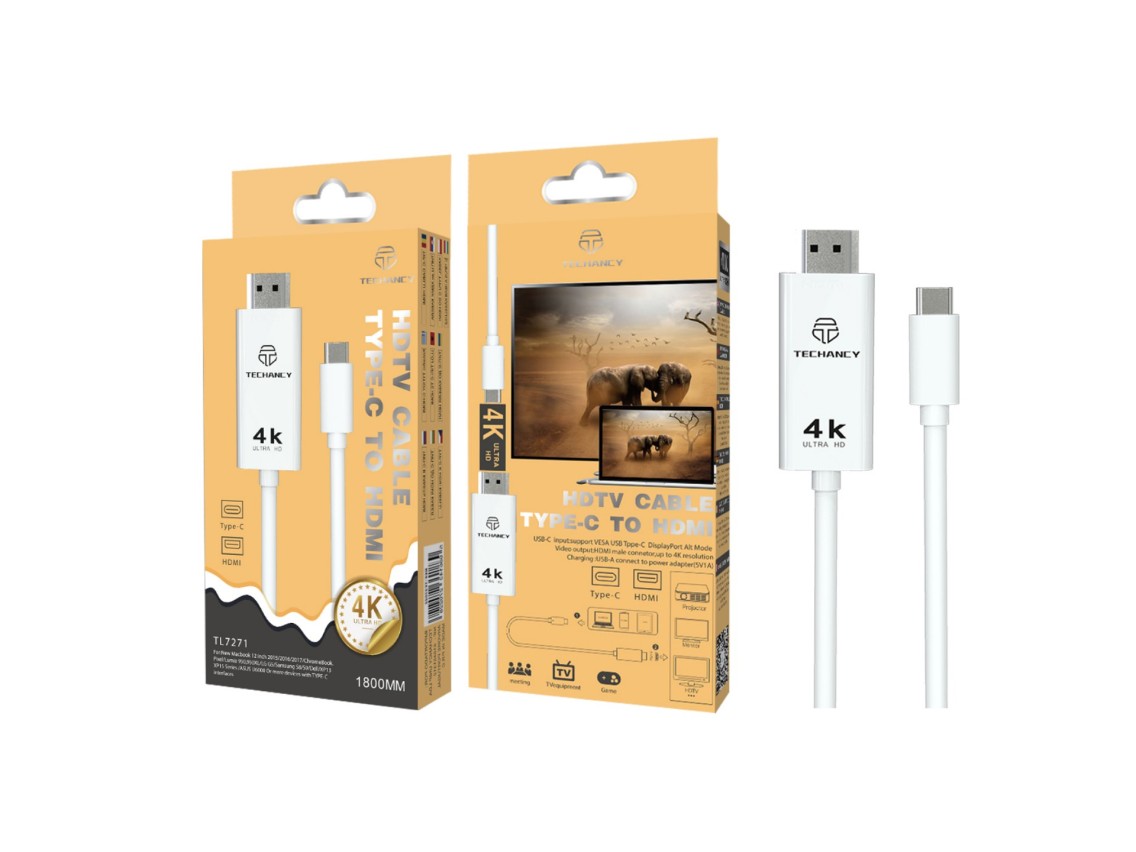 Techancy Type-C Cable for Mobile HDTV Screen Mirroring, TL7271, 1.8m, 4K*2K, Black