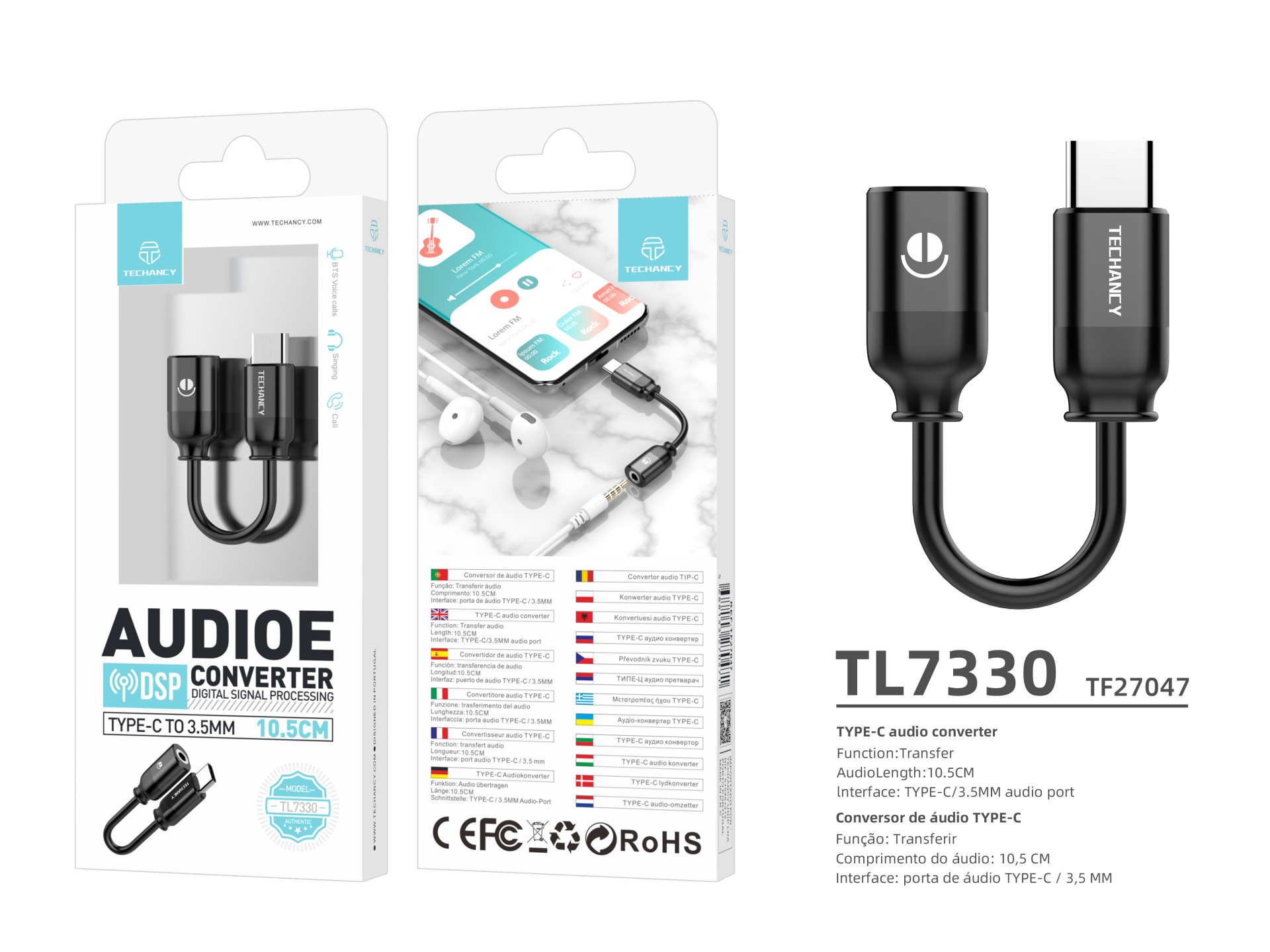 Cable de audio digital Techancy Tipo-C a 3,5 mm, TL7330, negro