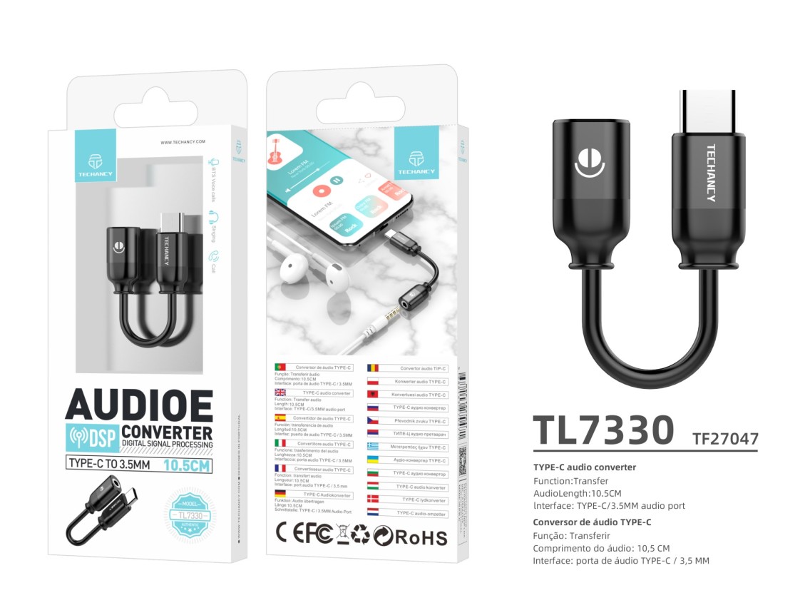 Cable de audio digital Techancy Tipo-C a 3,5 mm, TL7330, negro