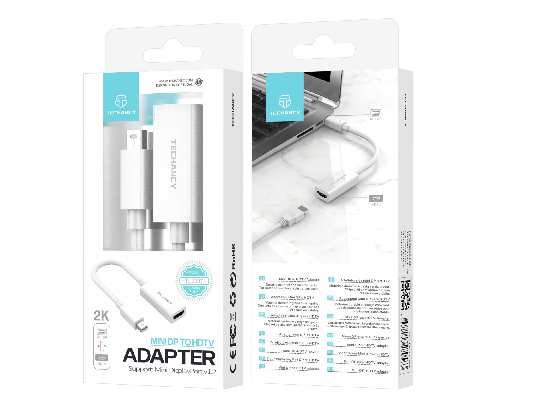 Adaptador de video Techancy Mini DP a HDTV, TL7337, transmisión HD 2K, blanco