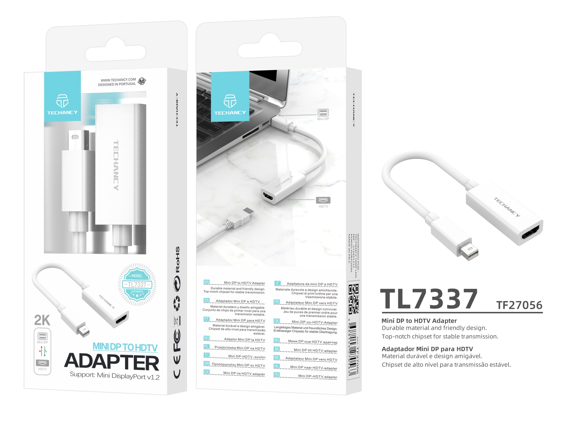 Adaptador de video Techancy Mini DP a HDTV, TL7337, transmisión HD 2K, blanco