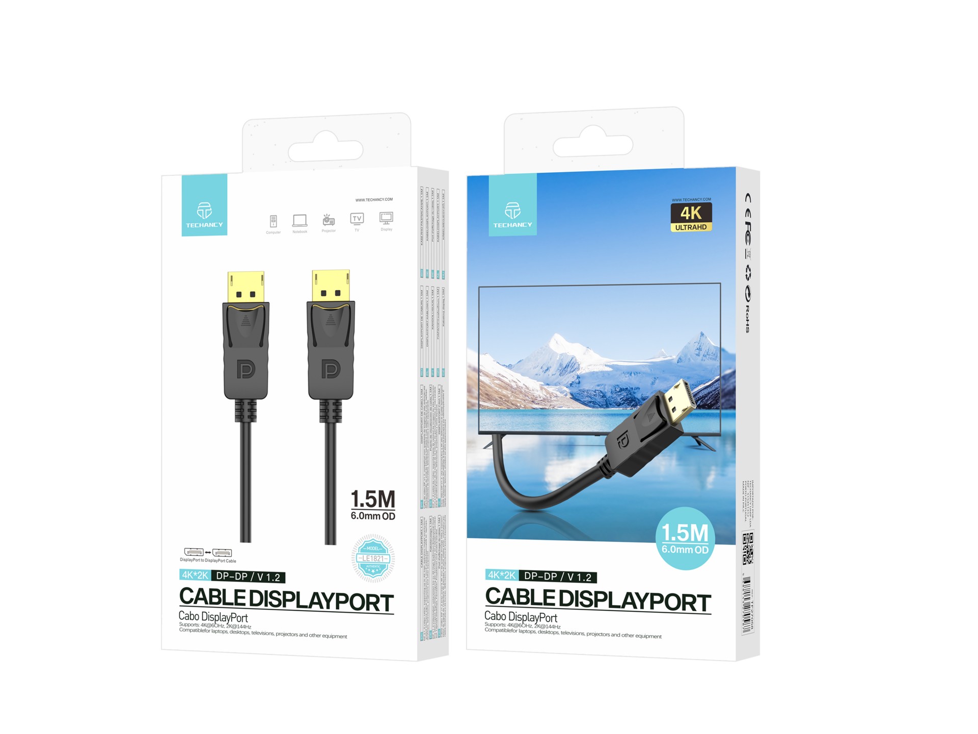 Cable de vídeo de alta definición Techancy DP a DP de 1,5 m, LE1821, 4K*2K/1080P, negro