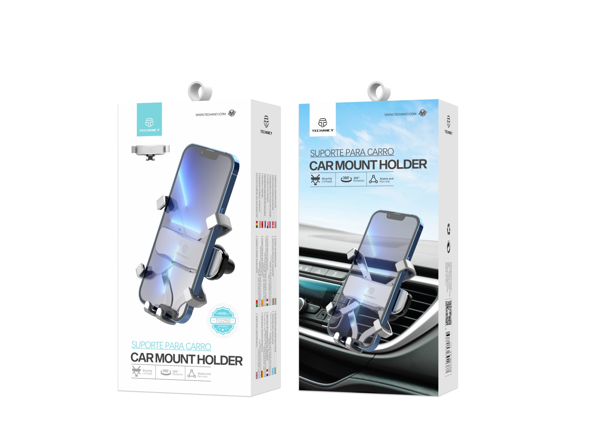 Suporte universal para telemóvel Techancy, bloqueio por gravidade, TI2250, prateado