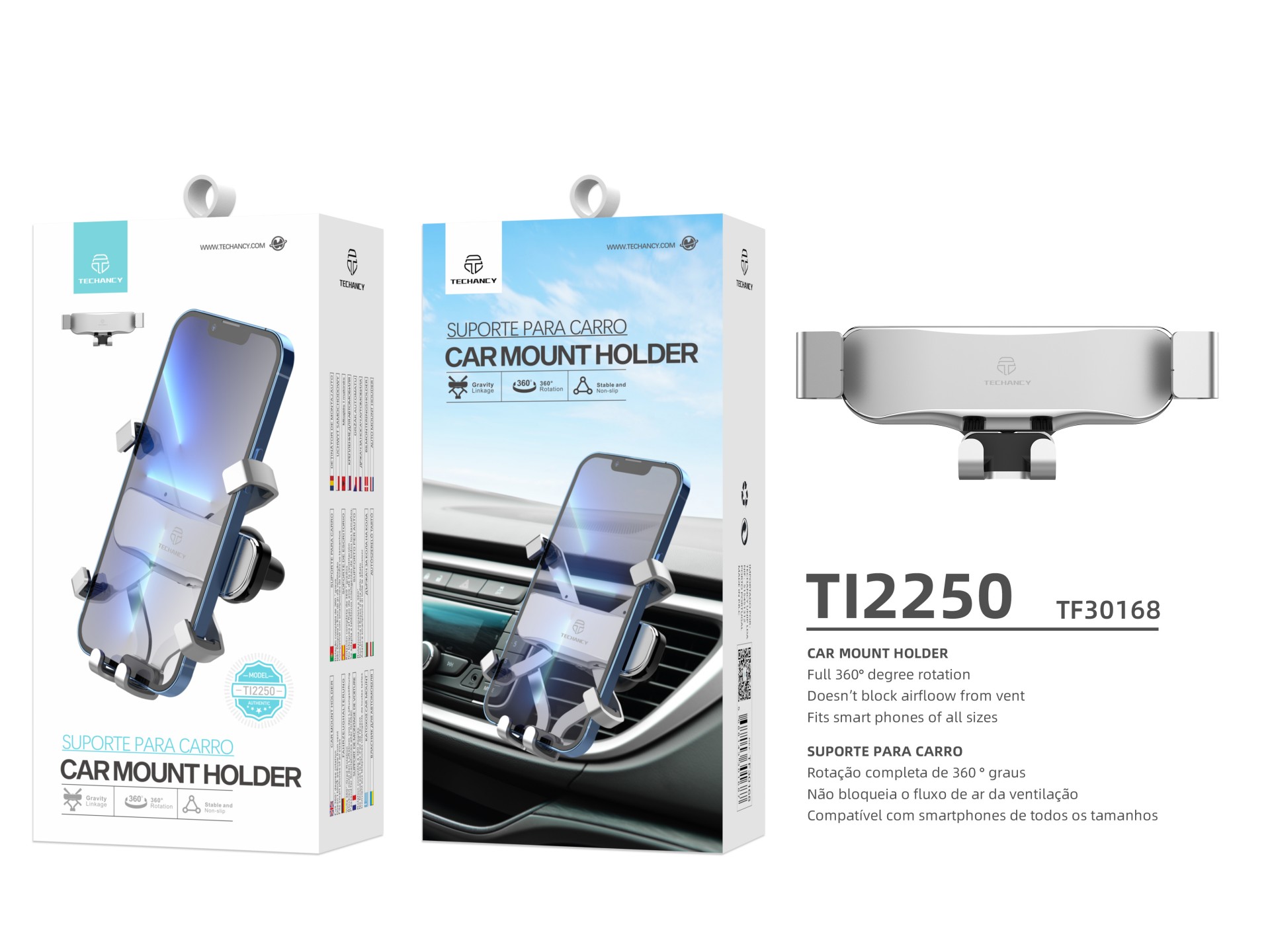 Suporte universal para telemóvel Techancy, bloqueio por gravidade, TI2250, prateado