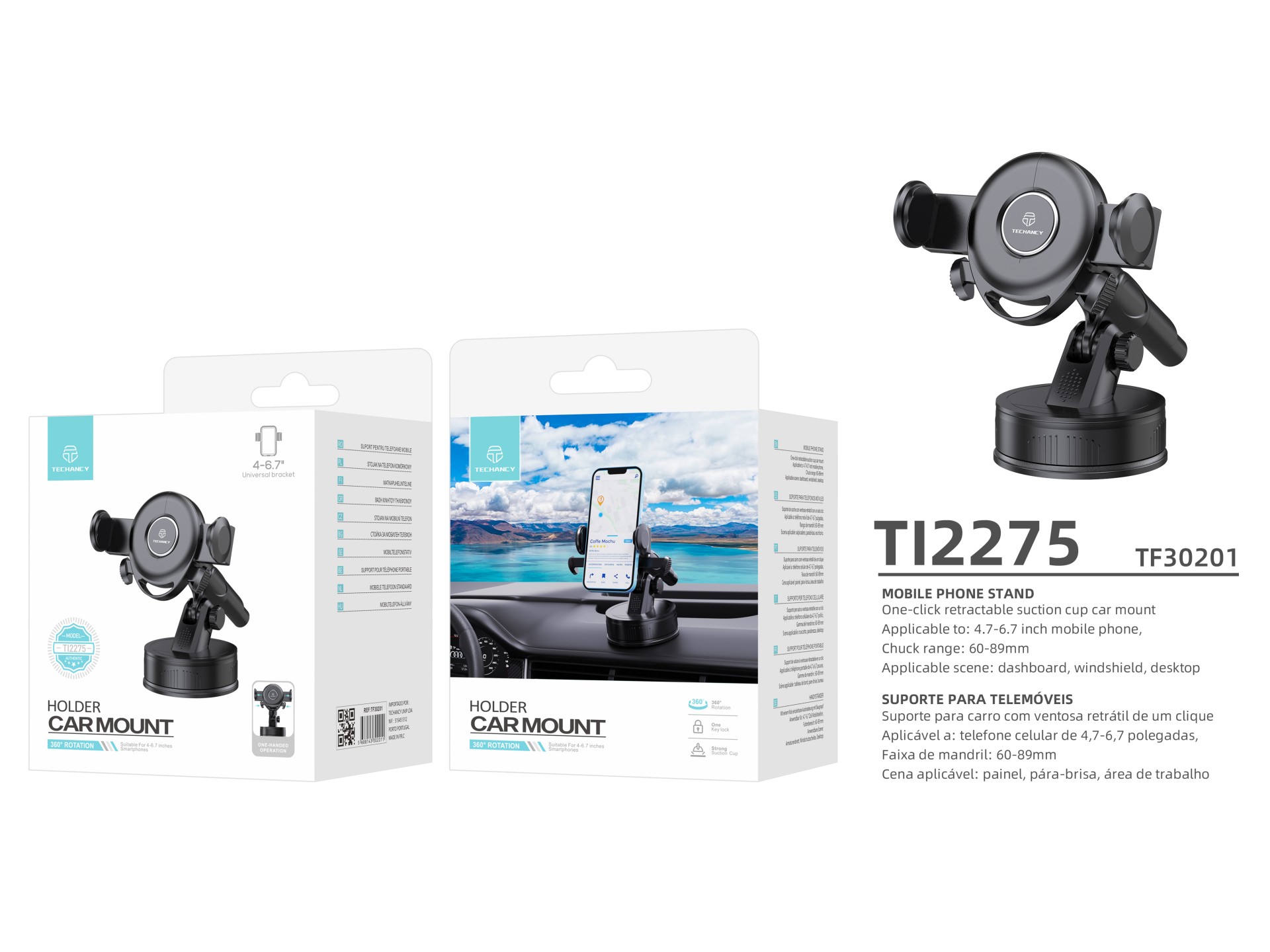 Soporte adhesivo para teléfono de coche Techancy TI2275, interruptor de un solo toque, negro