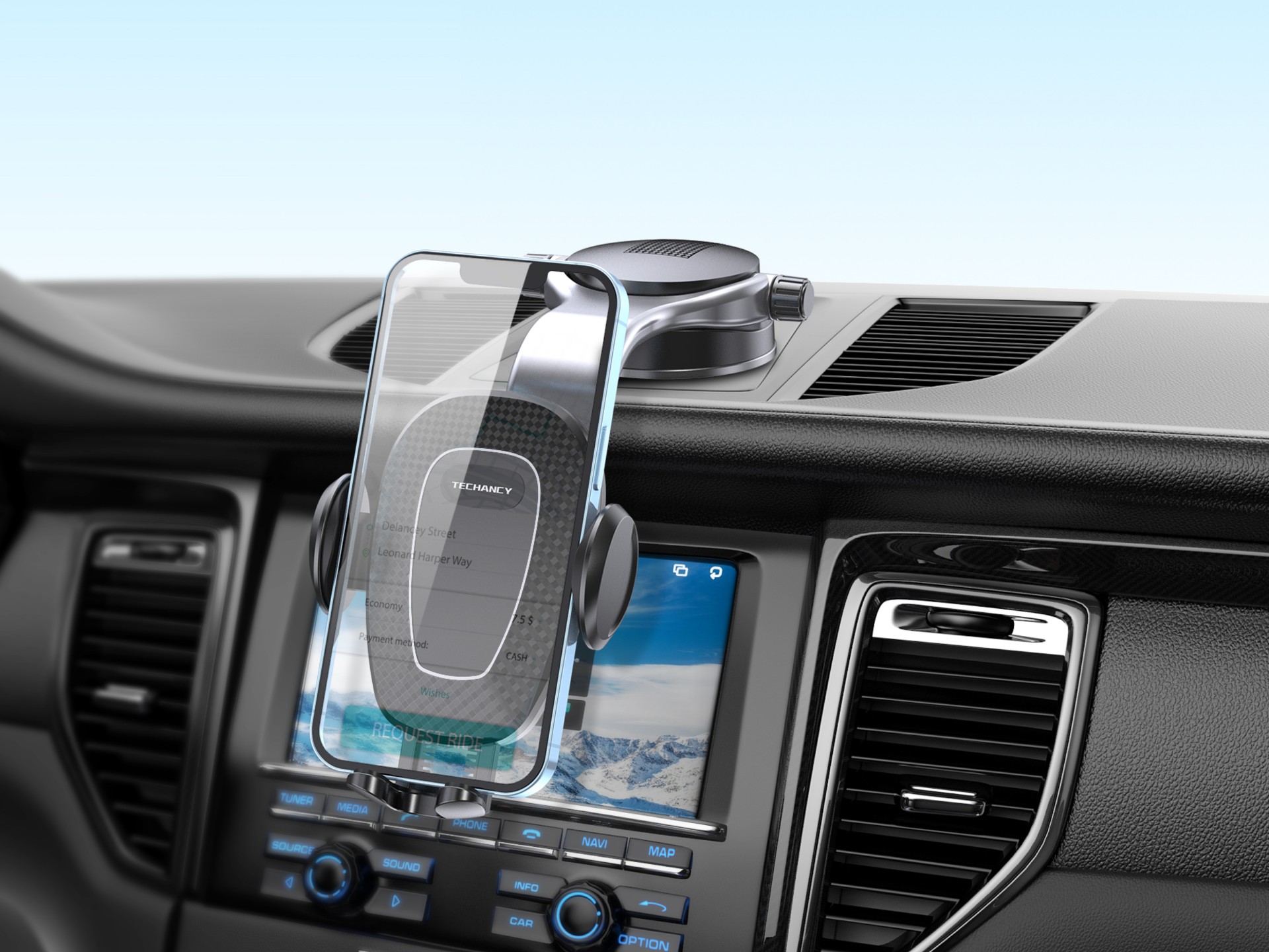 Suporte adesivo para telemóvel para carro Techancy, TI2276, interruptor de um toque, preto