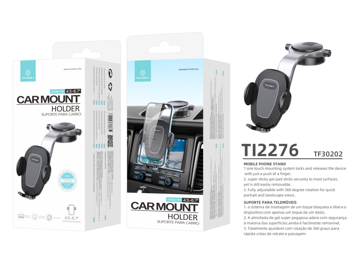 Suporte adesivo para telem�vel para carro Techancy, TI2276, interruptor de um toque, preto