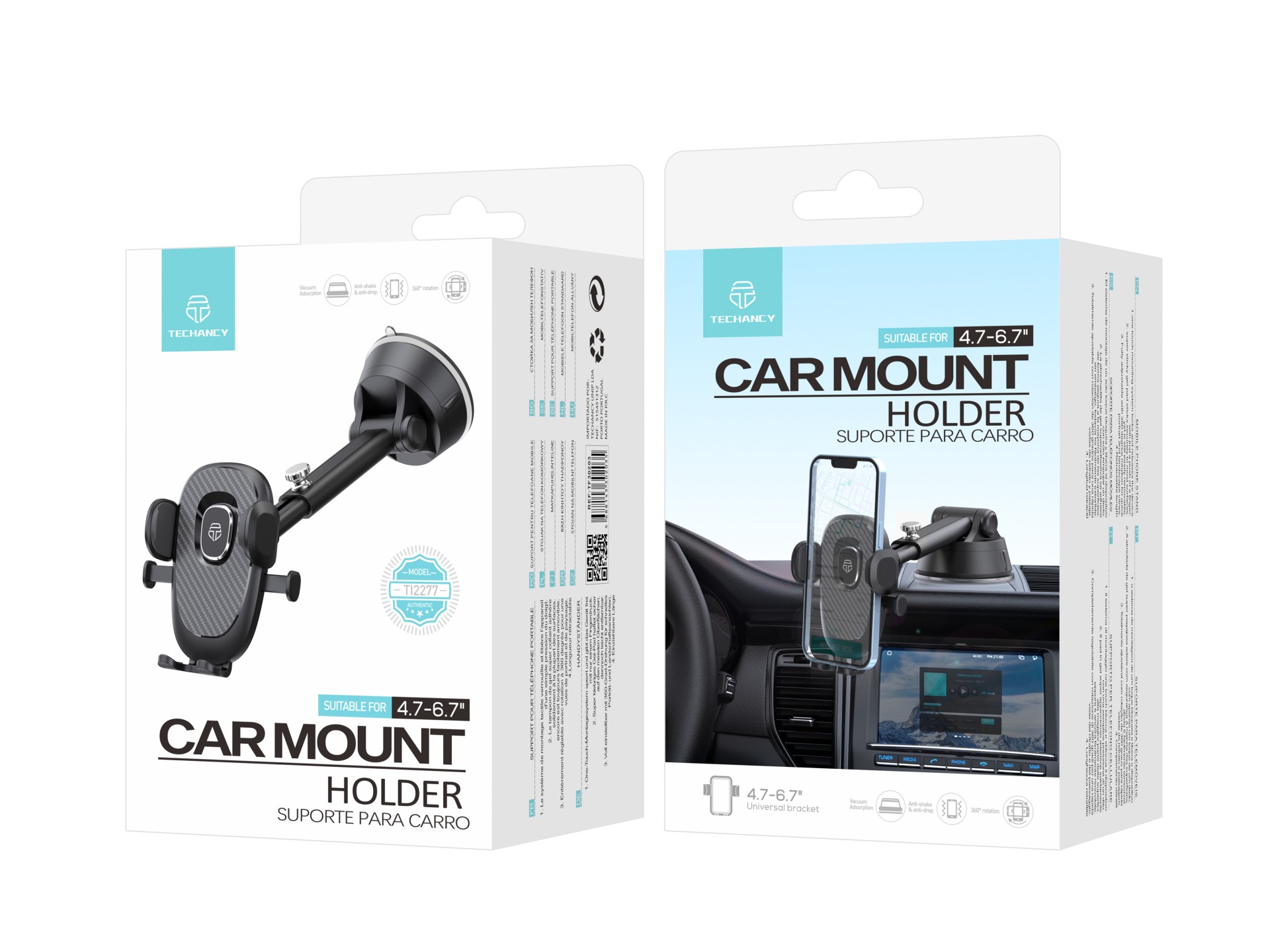 Techancy TI2277 Adhesive Car Phone Holder, One-Touch Switch, Black