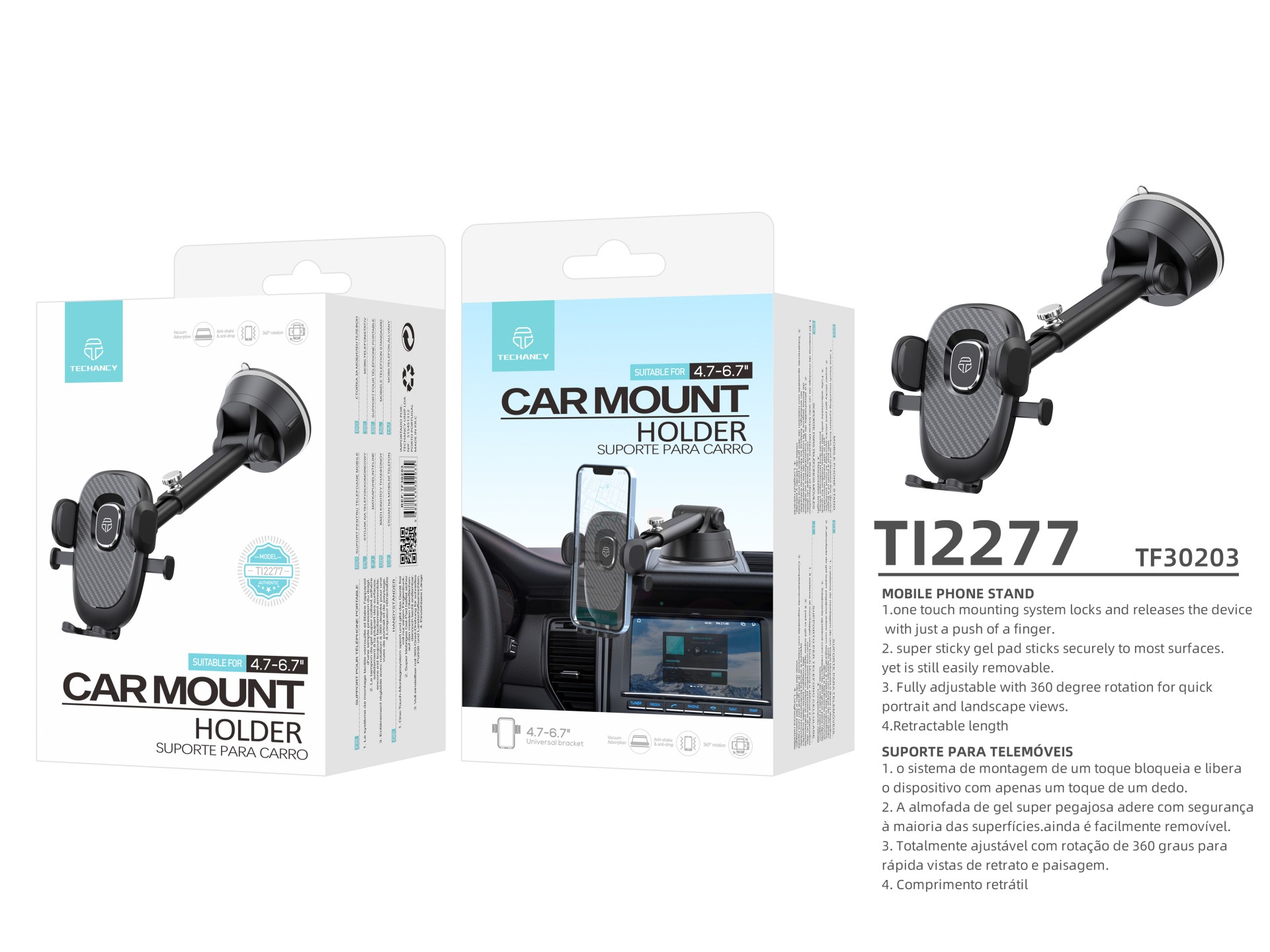 Techancy TI2277 Adhesive Car Phone Holder, One-Touch Switch, Black
