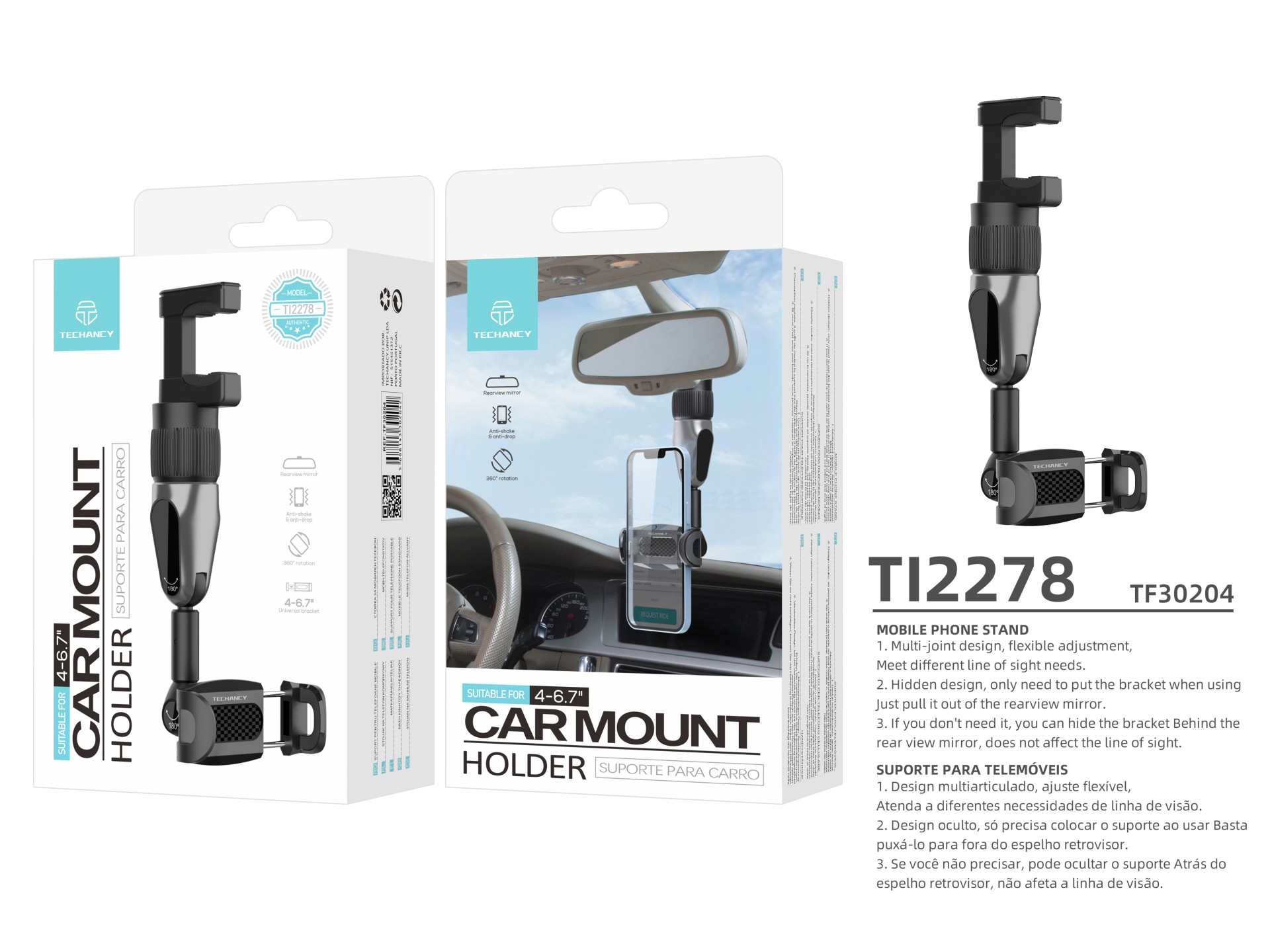 Suporte para telemóvel Techancy, TI2278, suporta ajuste de ângulo de 360°, instala-se no espelho ret
