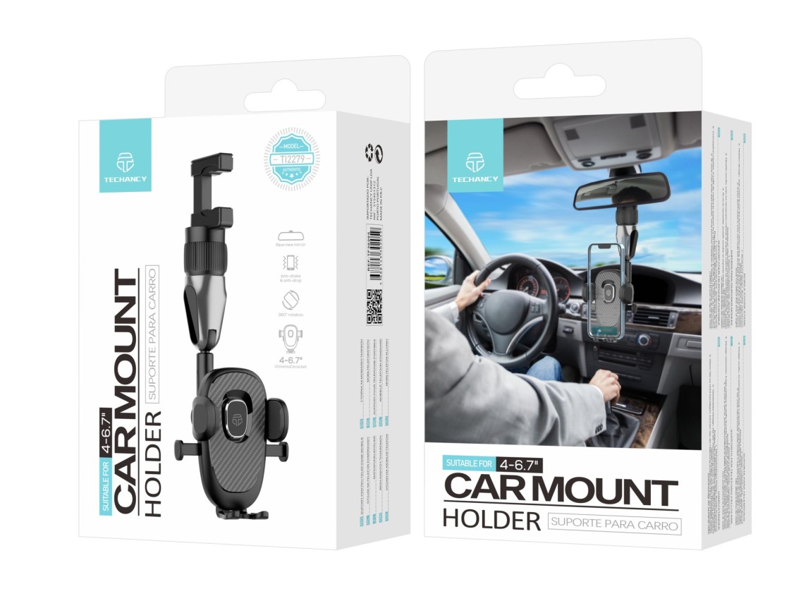 Suporte para telemóvel Techancy, TI2279, interruptor de um toque, monta-se no espelho retrovisor do