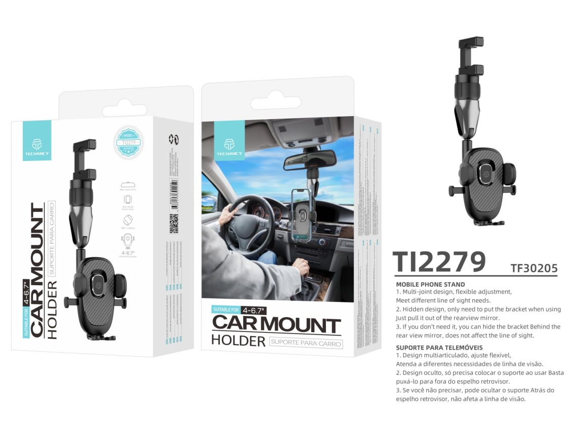 Suporte para telemóvel Techancy, TI2279, interruptor de um toque, monta-se no espelho retrovisor do