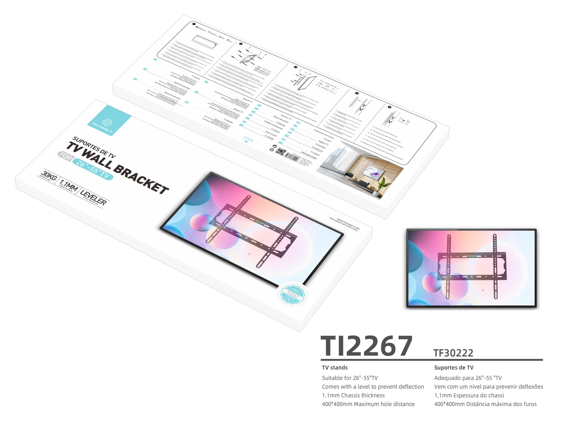 Techancy Lightweight TV Stand, 30 kg, TI2267, Compatible with 26-55 inch TVs, Black
