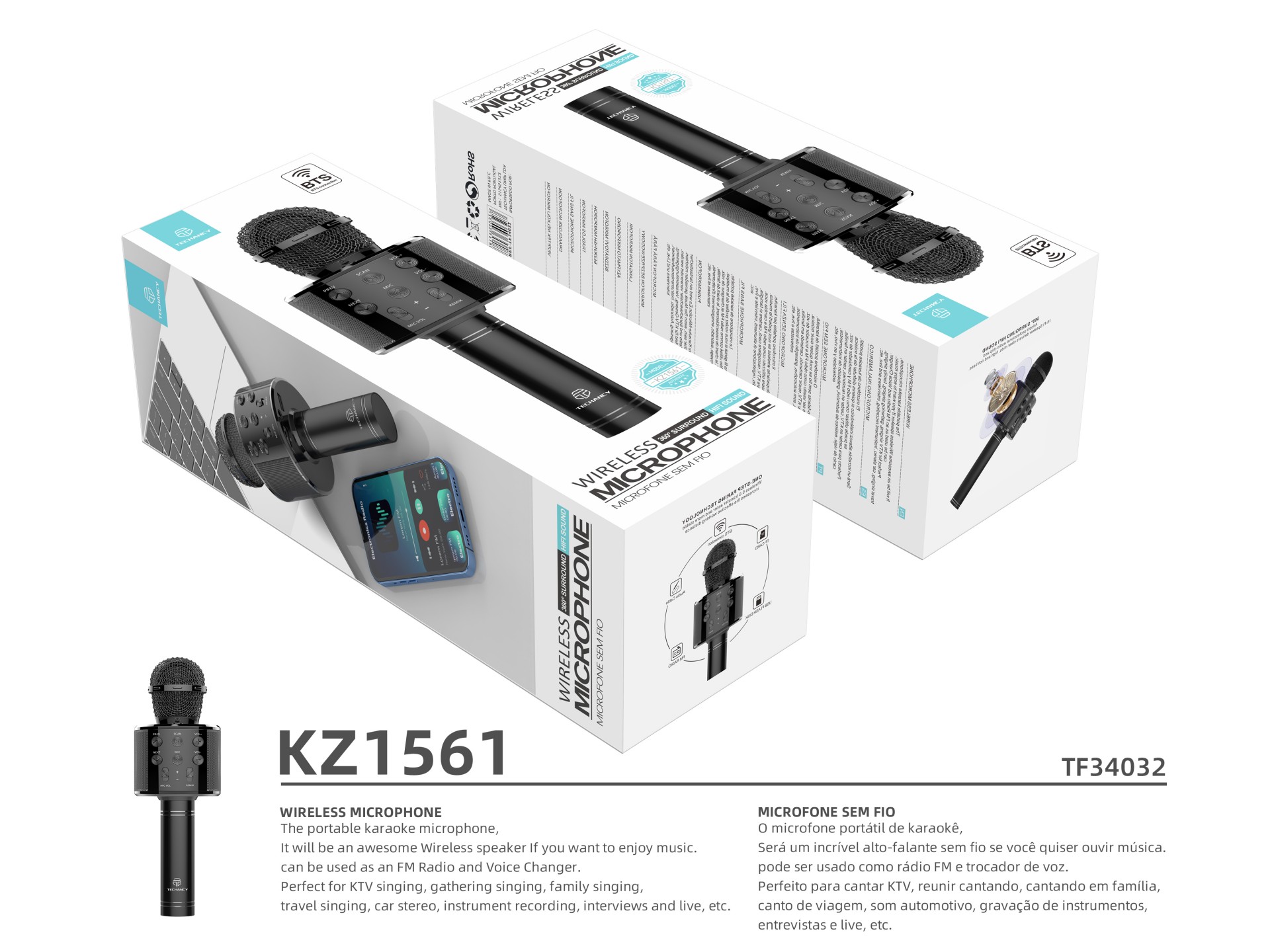 Techancy KZ1561 Wireless Bluetooth Microphone Speaker for KTV Music Black
