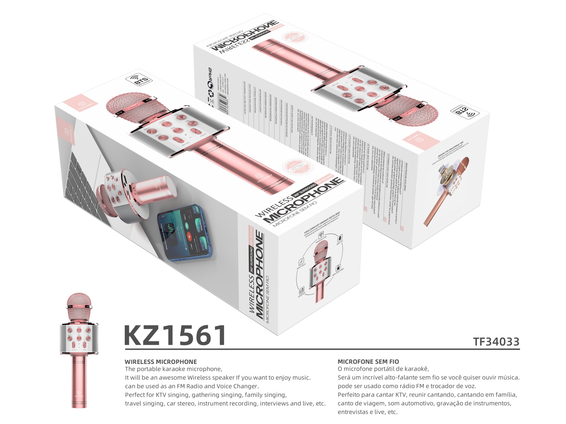 Microfone sem fio Bluetooth Techancy, KZ1561, alto-falante para música KTV, ouro rosa