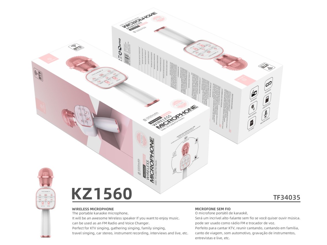 Microfone Bluetooth sem fios Techancy Dss, KZ1560, altifalante port�til para cantar, ouro rosa