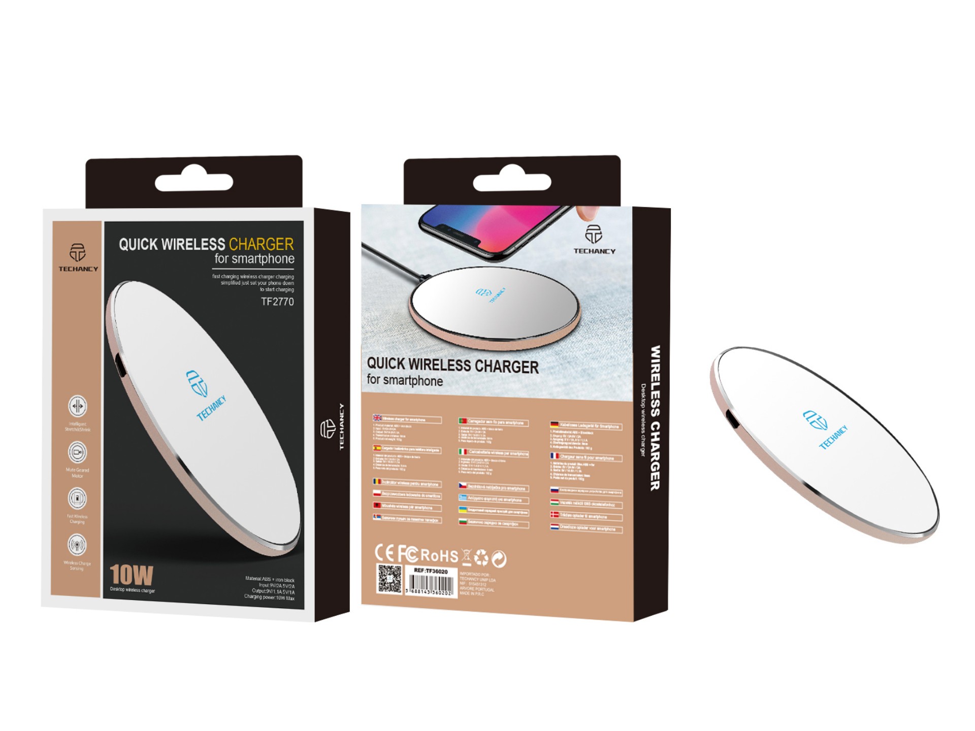 Carregador sem fios Techancy 10 W para telemóveis, TF2770, compatível com telemóveis Android e Apple