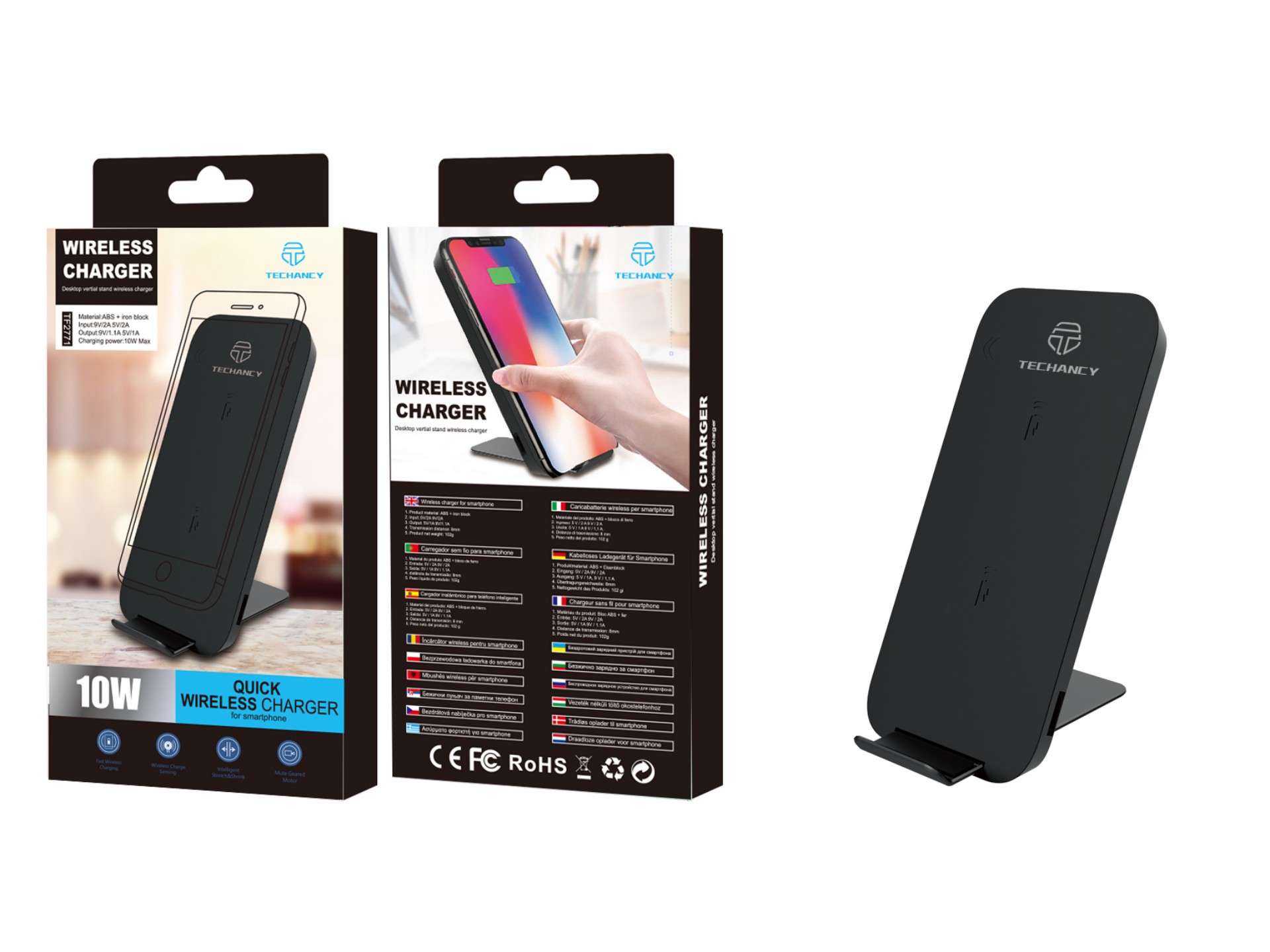 Techancy 10W Wireless Charger for Mobile Phones, TF2771, with Phone Holder, Black