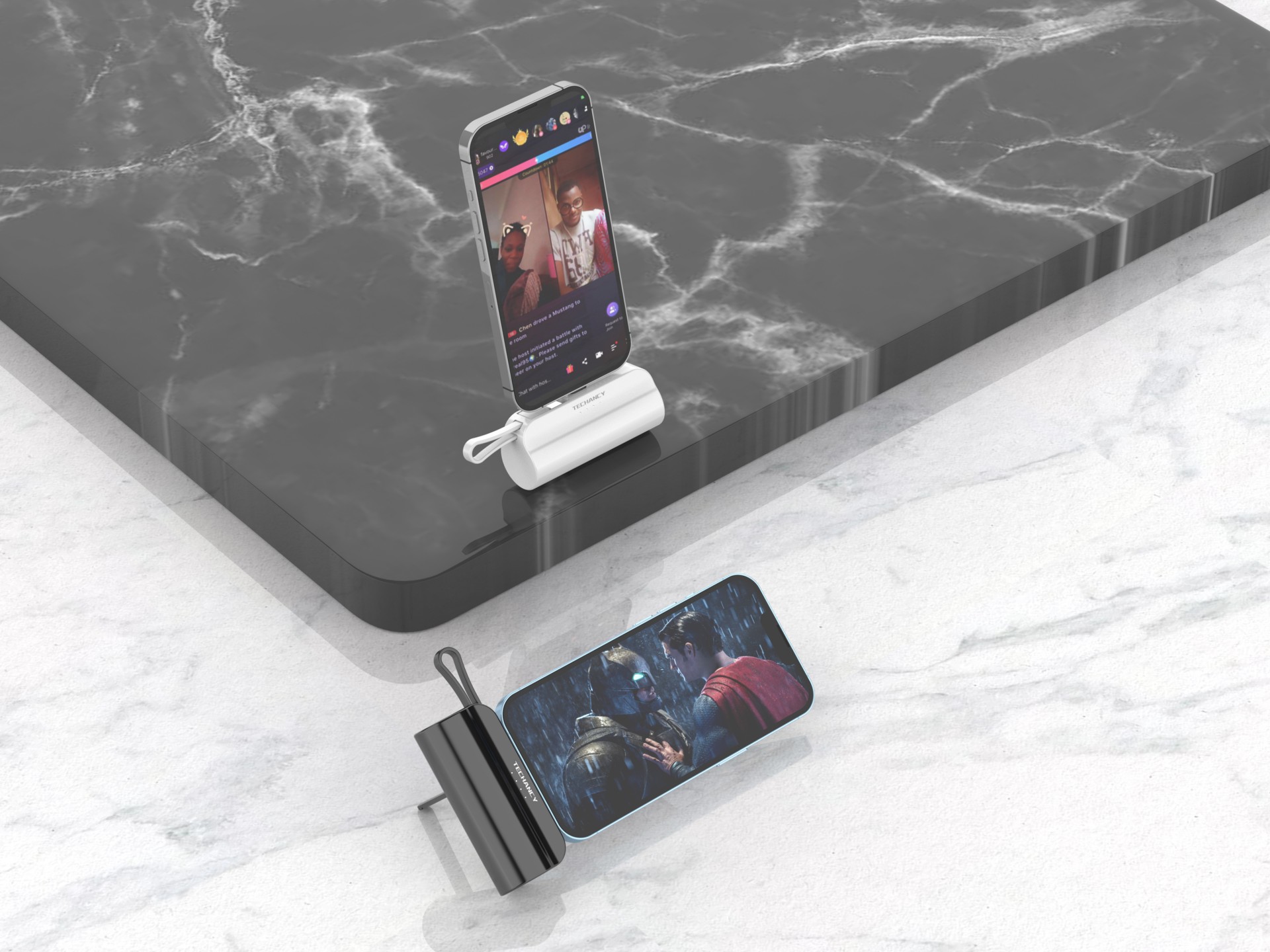 Carregador portátil Techancy 5000mAh, TF2777, cabo de carregamento 2 em 1 iP+Type-c com suporte para