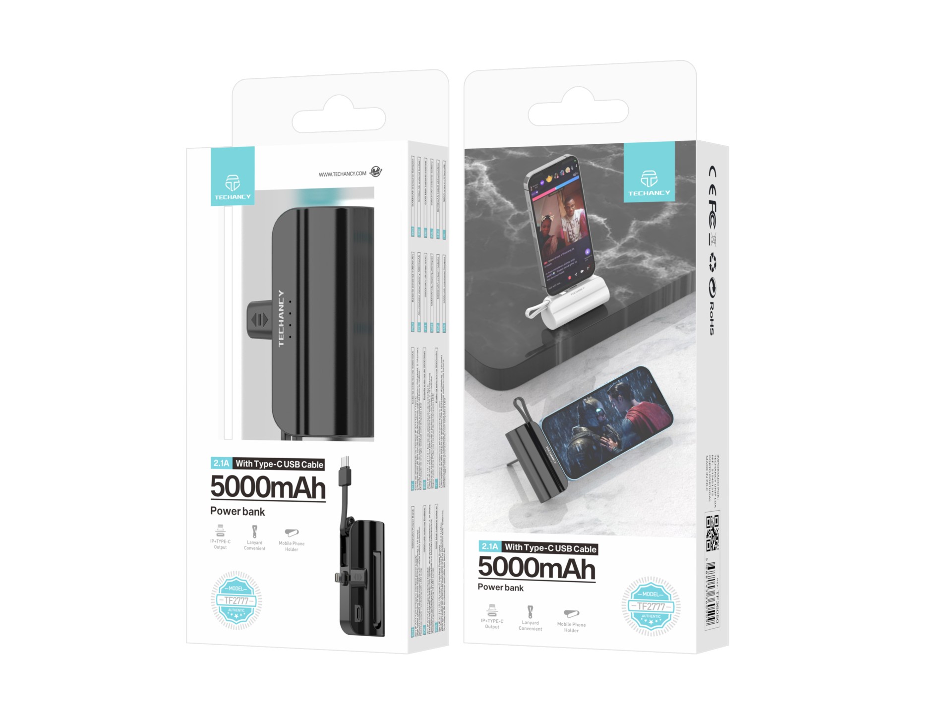 Carregador portátil Techancy 5000mAh, TF2777, cabo de carregamento 2 em 1 iP+Type-c com suporte para