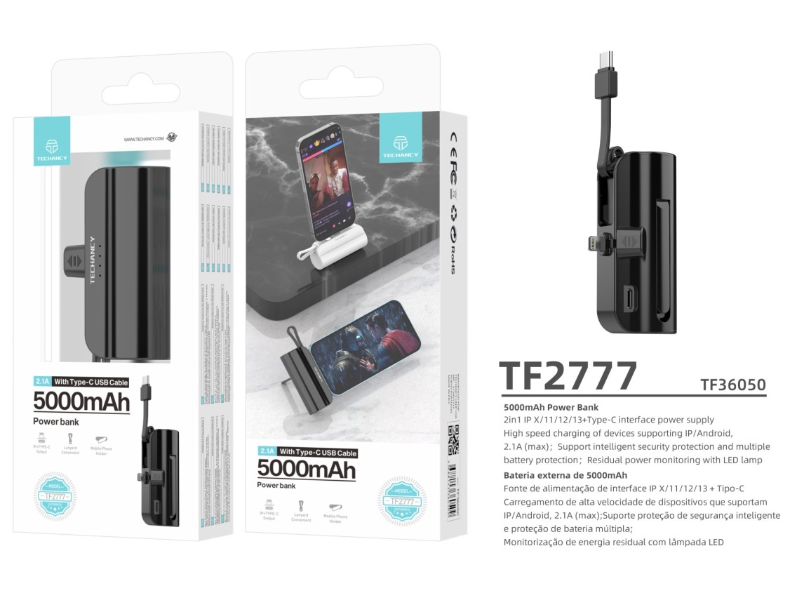 Carregador portátil Techancy 5000mAh, TF2777, cabo de carregamento 2 em 1 iP+Type-c com suporte para