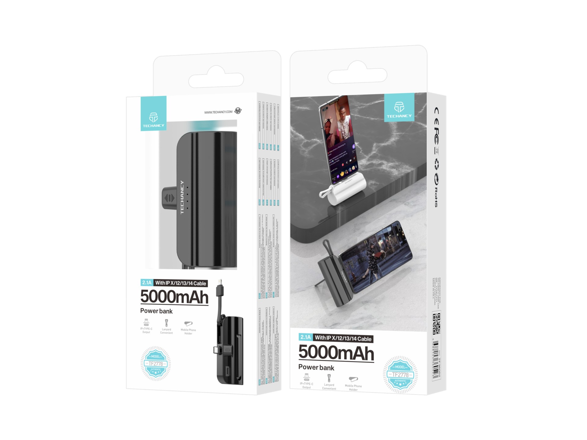 Cargador portátil Techancy de 5000 mAh, TF2778, cable de carga 2 en 1 iP+Tipo C con soporte para tel