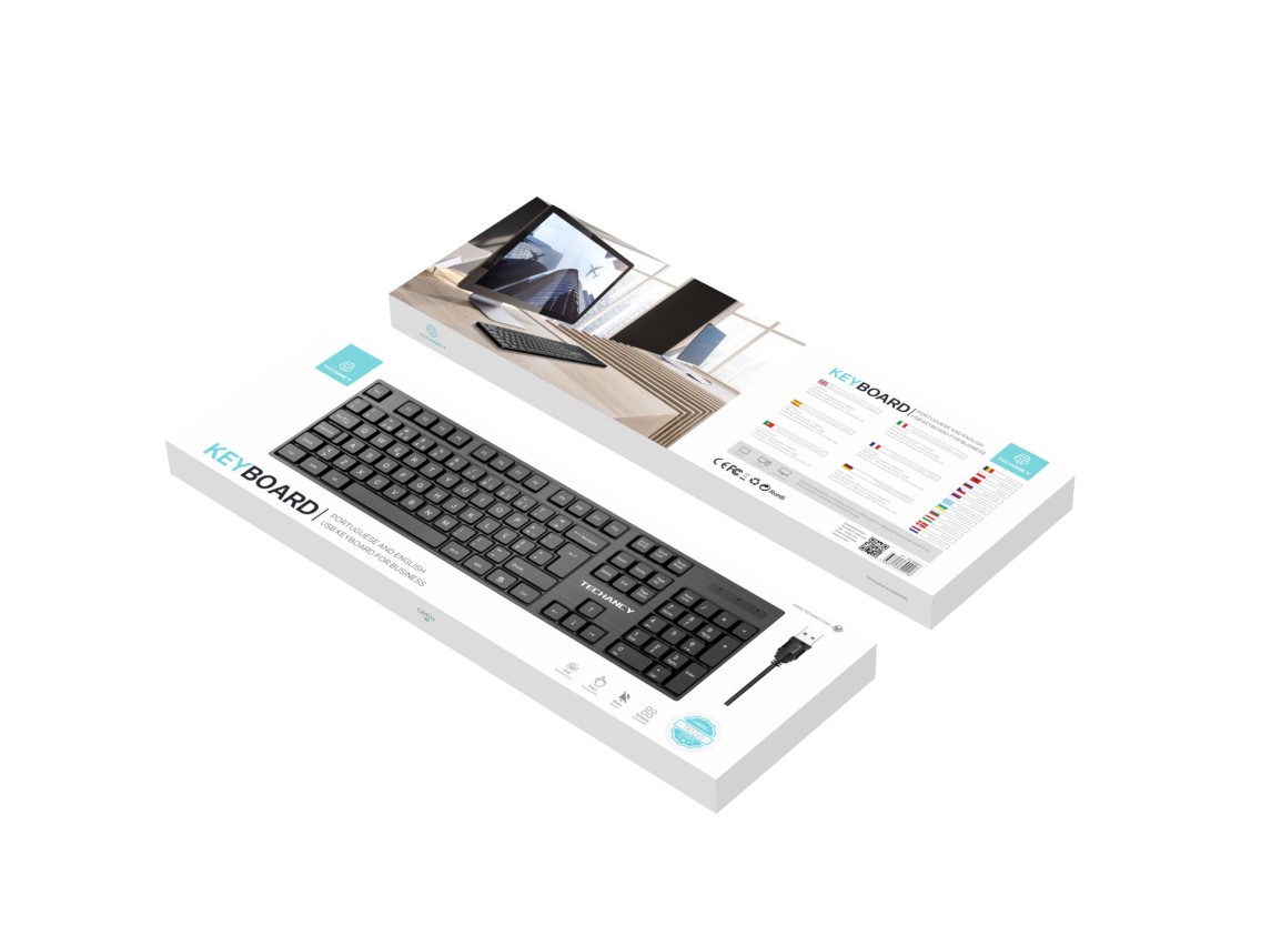 Teclado USB com fio de tamanho normal Techancy, TK1265, teclas de entrada em inglês + português, pre