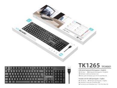 Teclado USB com fio de tamanho normal Techancy, TK1265, teclas de entrada em inglês + português, pre Teclado USB com fio de tamanho normal Techancy, TK1265, teclas de entrada em inglês + português, pre