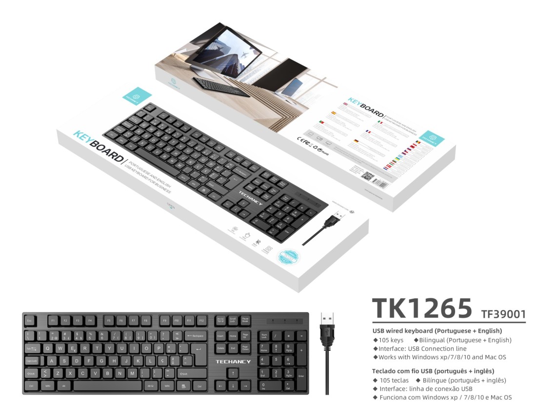 Teclado USB com fio de tamanho normal Techancy, TK1265, teclas de entrada em inglês + português, pre