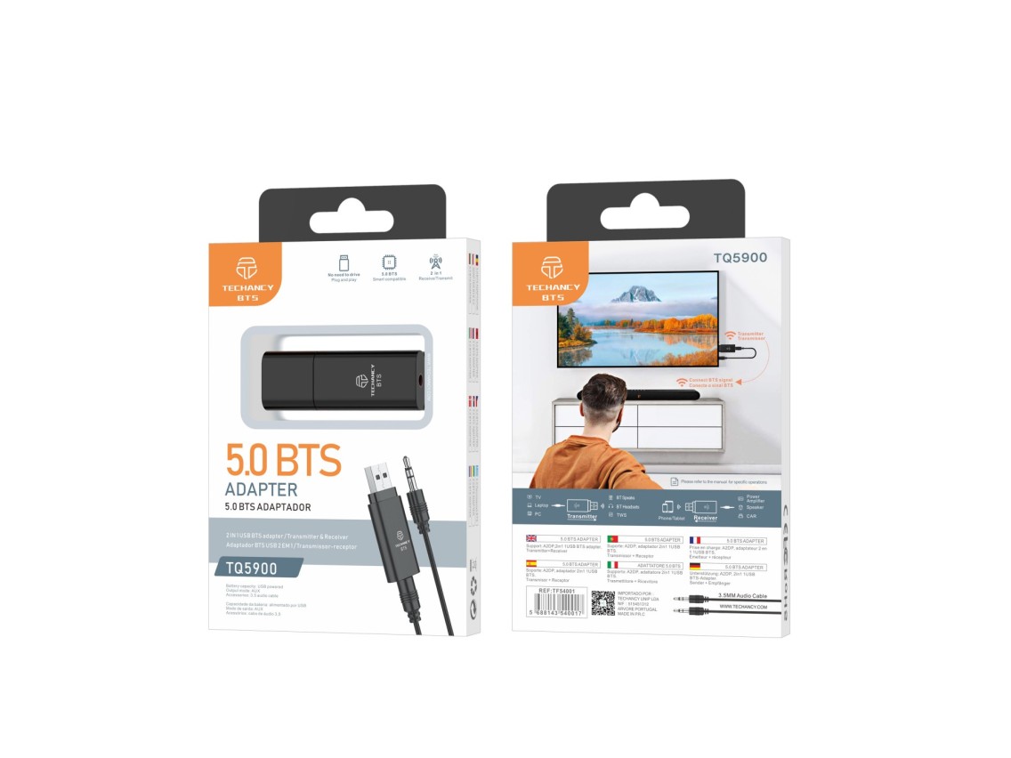 Adaptador inal�mbrico Bluetooth 2 en 1 Techancy TQ5900, compatible con transmisi�n y recepci�n de au