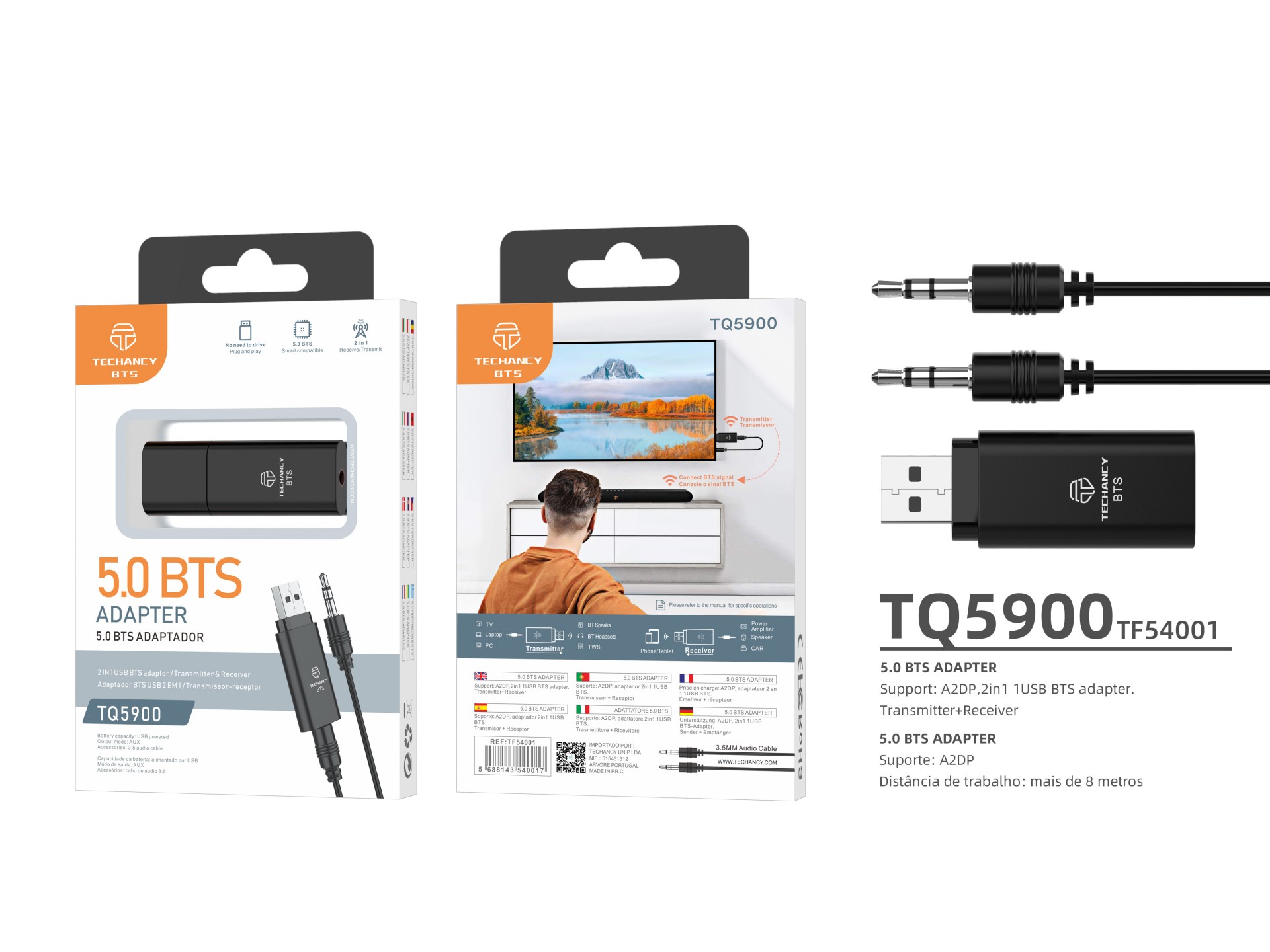 Adaptador inalámbrico Bluetooth 2 en 1 Techancy TQ5900, compatible con transmisión y recepción de au
