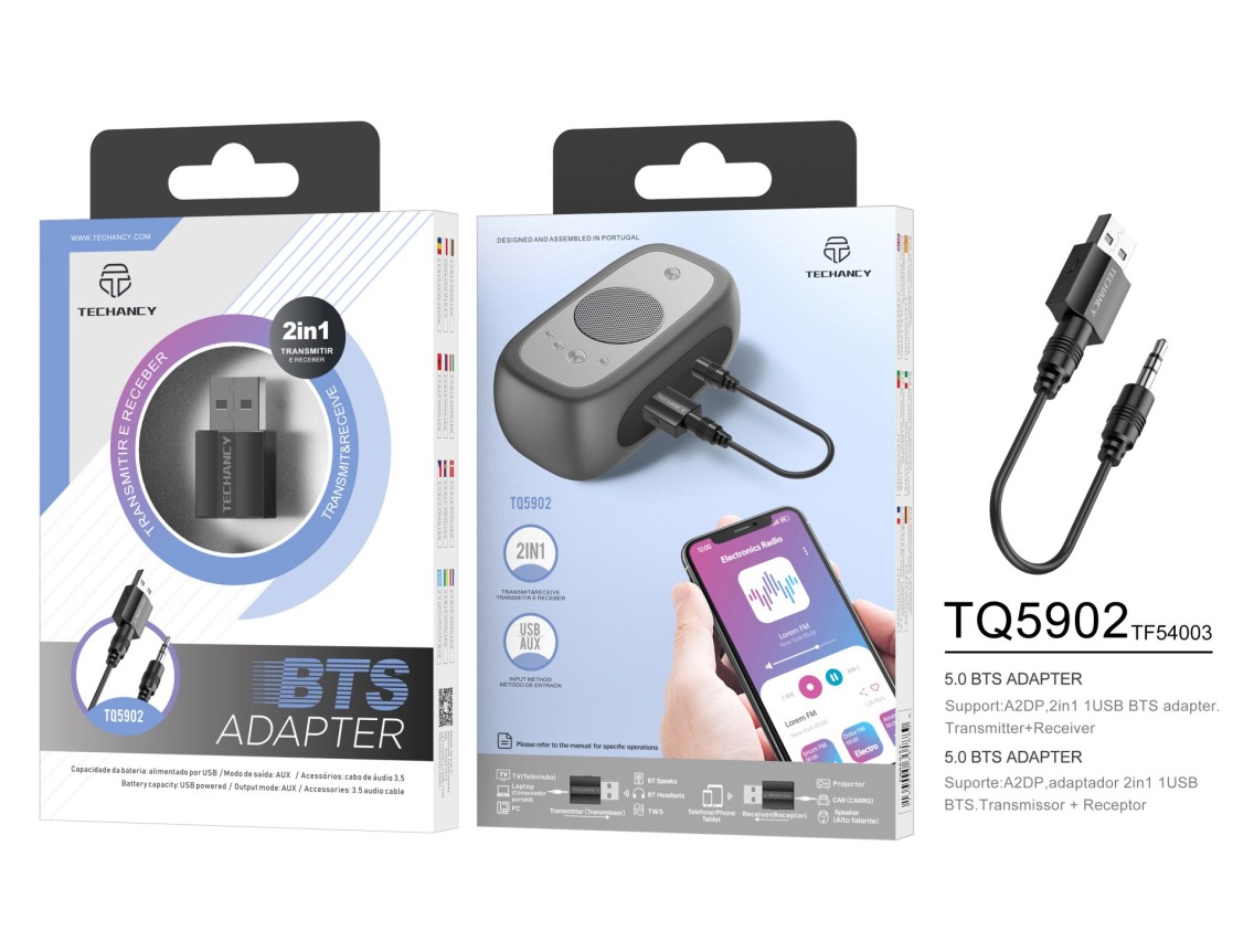 Adaptador inal�mbrico Bluetooth 2 en 1 Techancy, TQ5902, compatible con transmisi�n y recepci�n de a