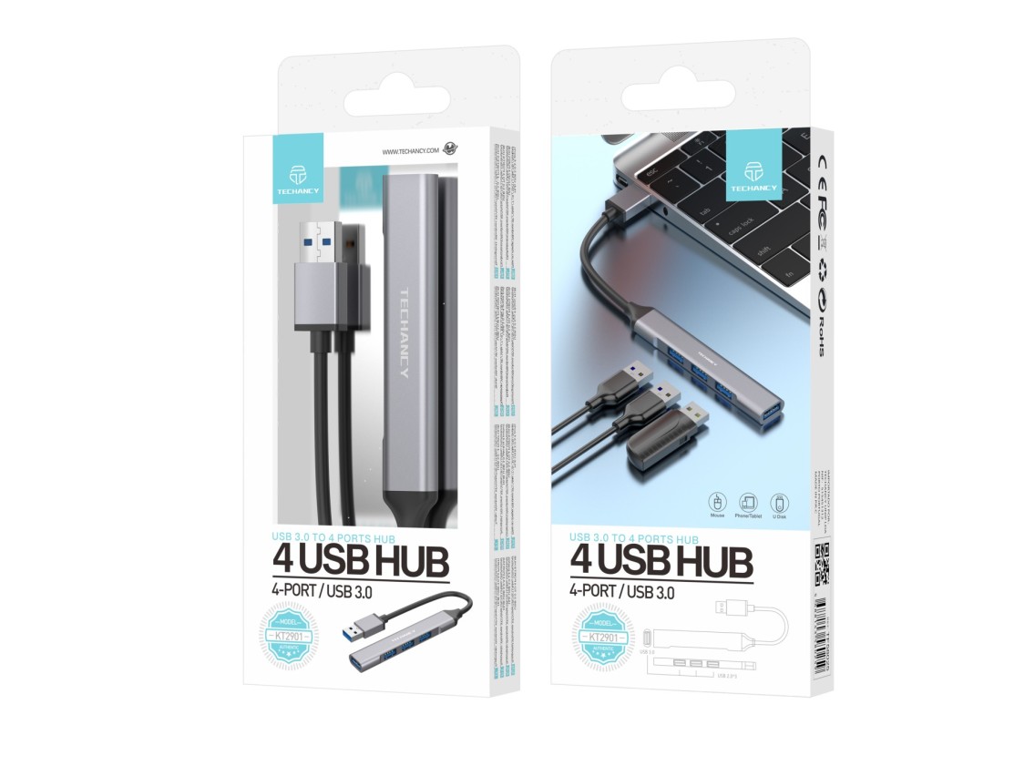Hub USB 3.0 Techancy, USB 4 em 1, KT2901, Extensor de hub USB, cinzento