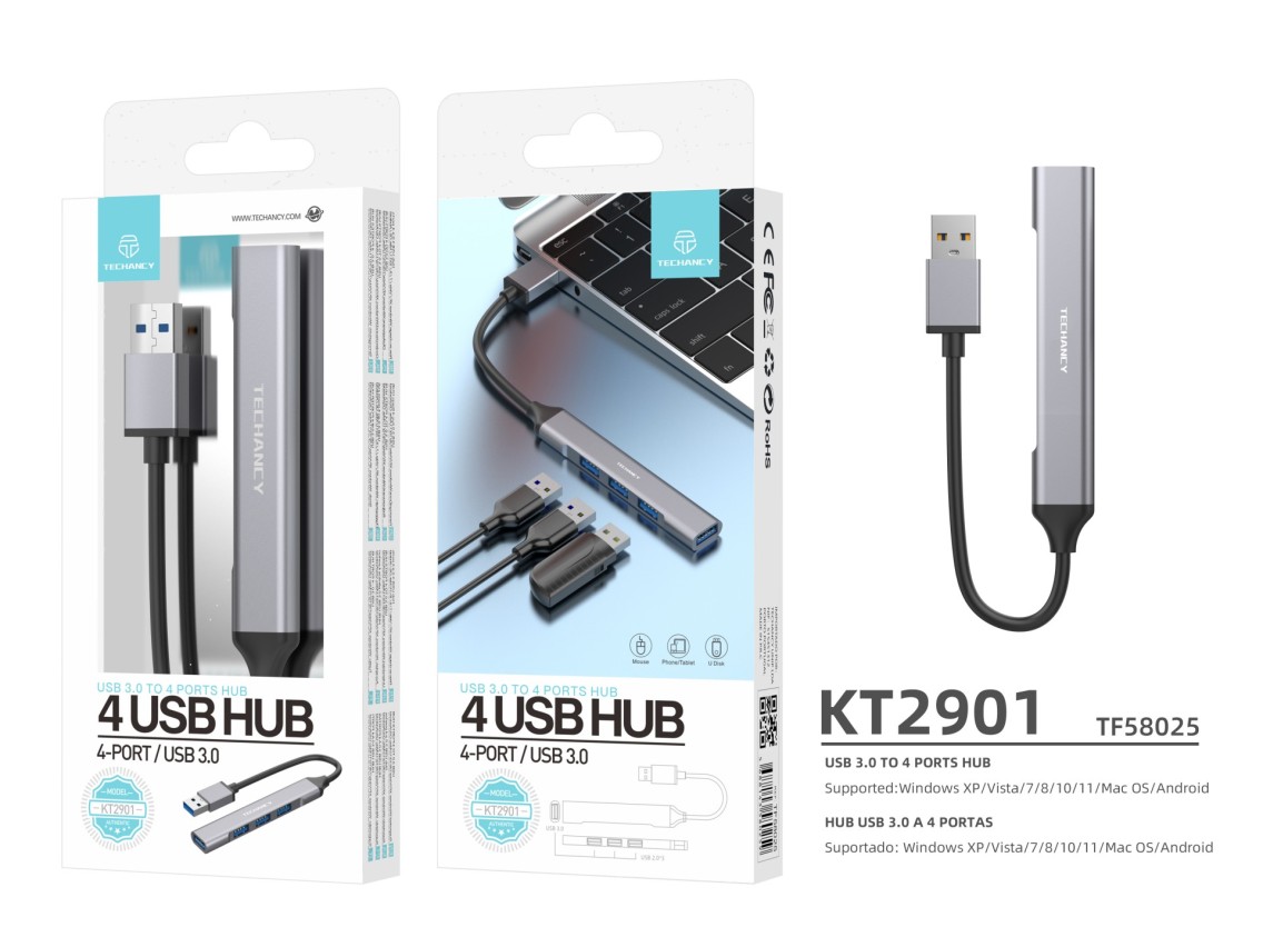 Hub USB 3.0 Techancy, USB 4 em 1, KT2901, Extensor de hub USB, cinzento