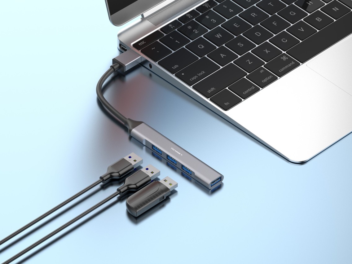 Hub USB 3.0 Techancy, USB 4 em 1, KT2901, Extensor de hub USB, cinzento