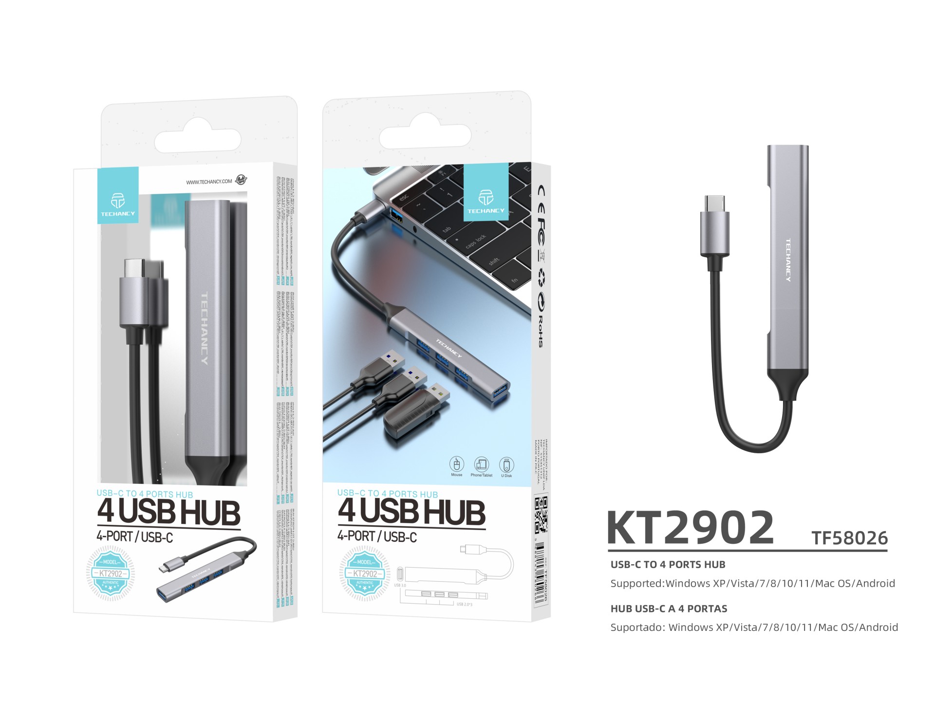 Concentrador USB-C 3.0 Techancy, 4 en 1, KT2902, extensor USB, gris
