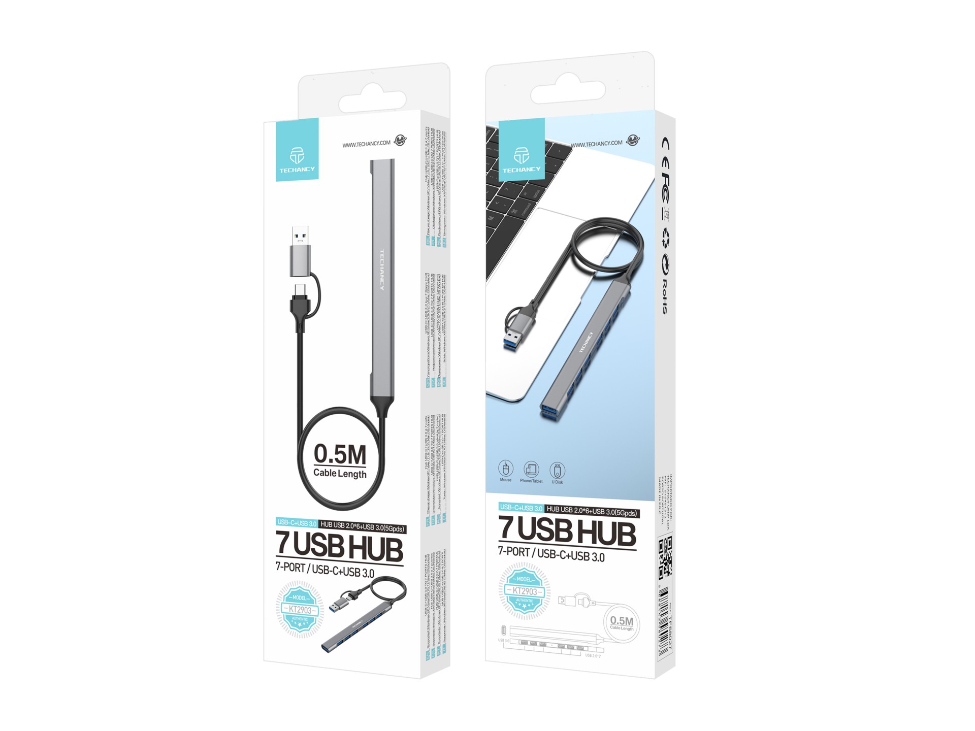 Hub USB Techancy 2 em 1 USB-C + USB 3.0, KT2903, 7 portas USB 3.0, cinzento