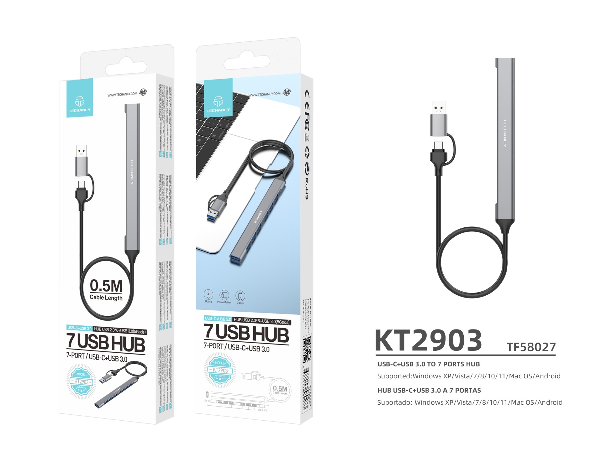 Hub USB Techancy 2 em 1 USB-C + USB 3.0, KT2903, 7 portas USB 3.0, cinzento