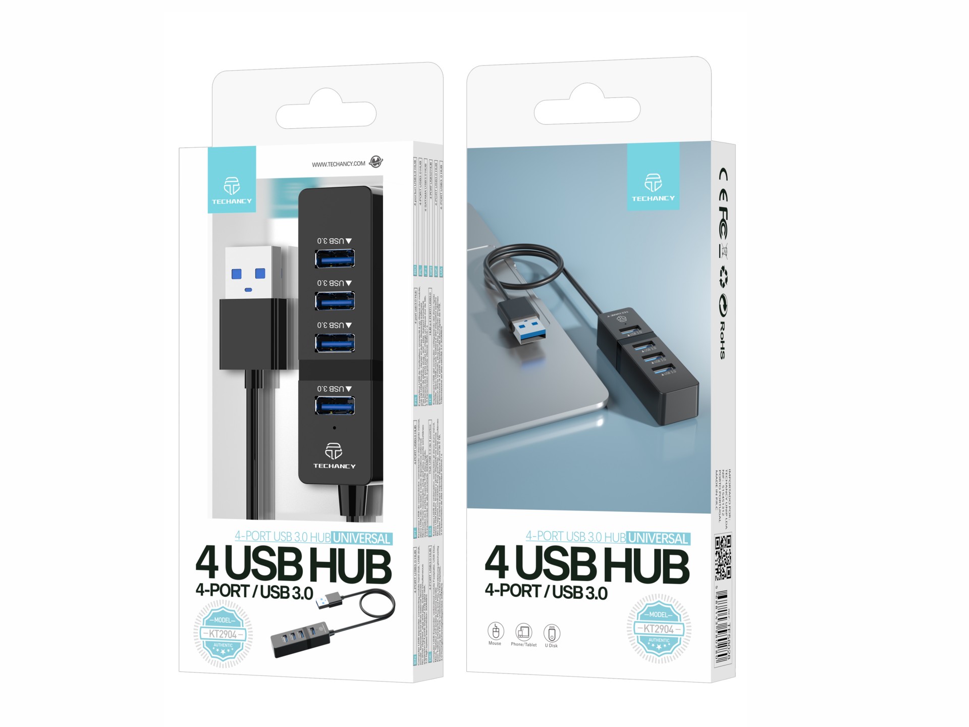 Concentrador USB Techancy, 4 puertos USB 3.0, KT2904, negro